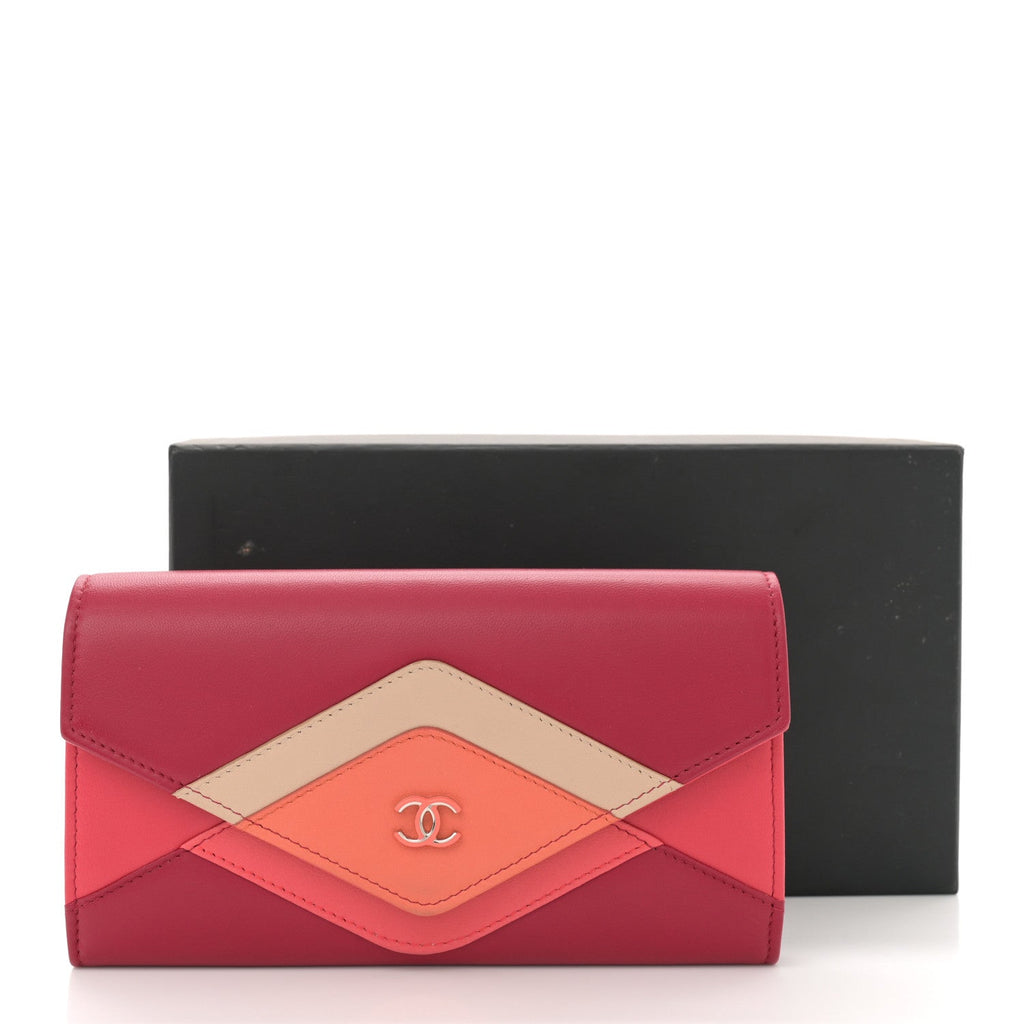 Lambskin Chevron Large Gusset Flap Wallet Dark Pink Multicolor