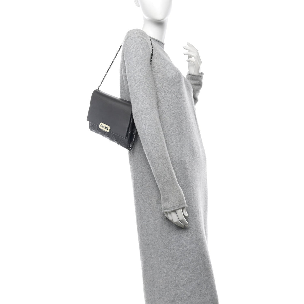 Metallic Lambskin Quilted Retro Label Clutch Charcoal Grey