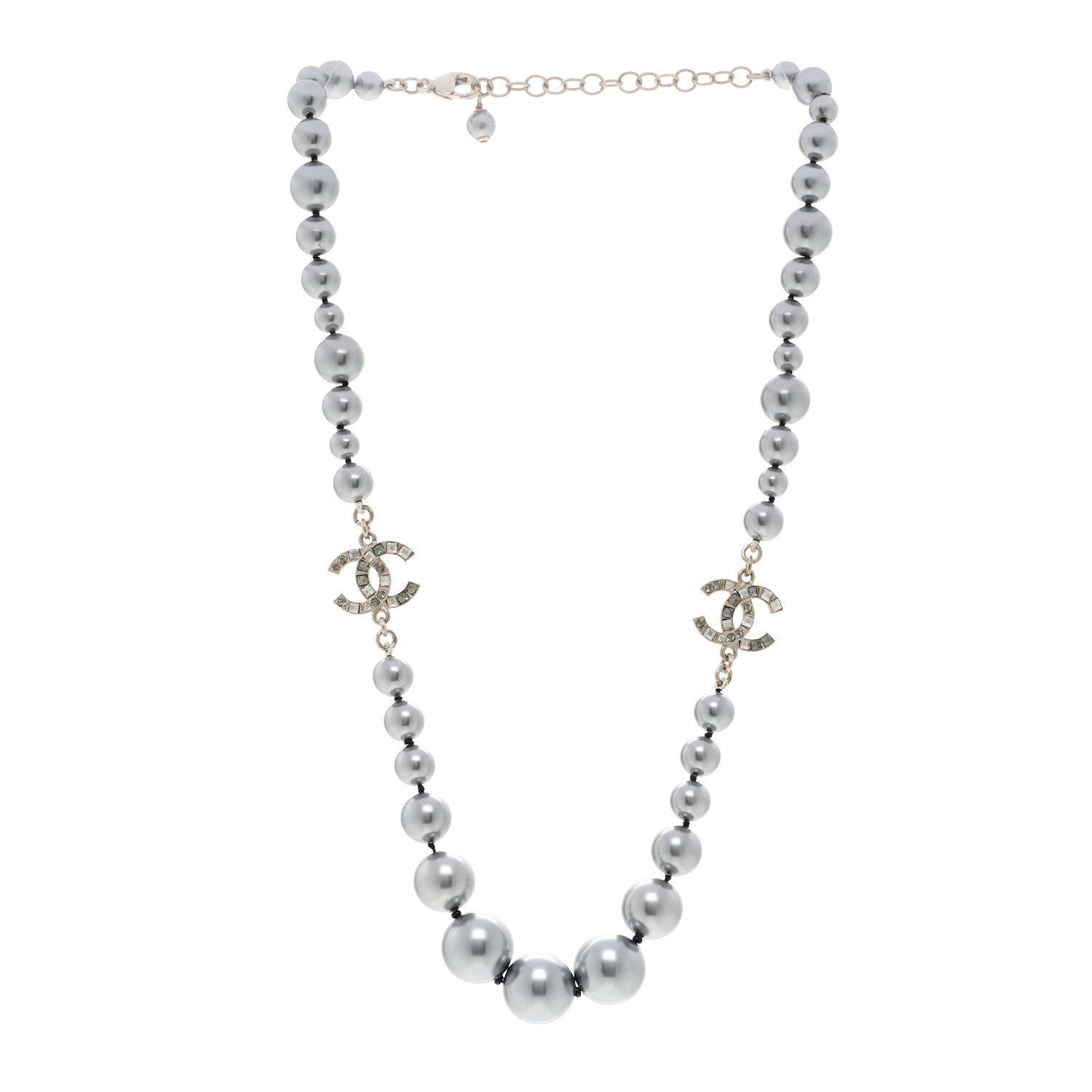 Crystal Baguette Graduated Pearl CC Short Necklace Silver Grey