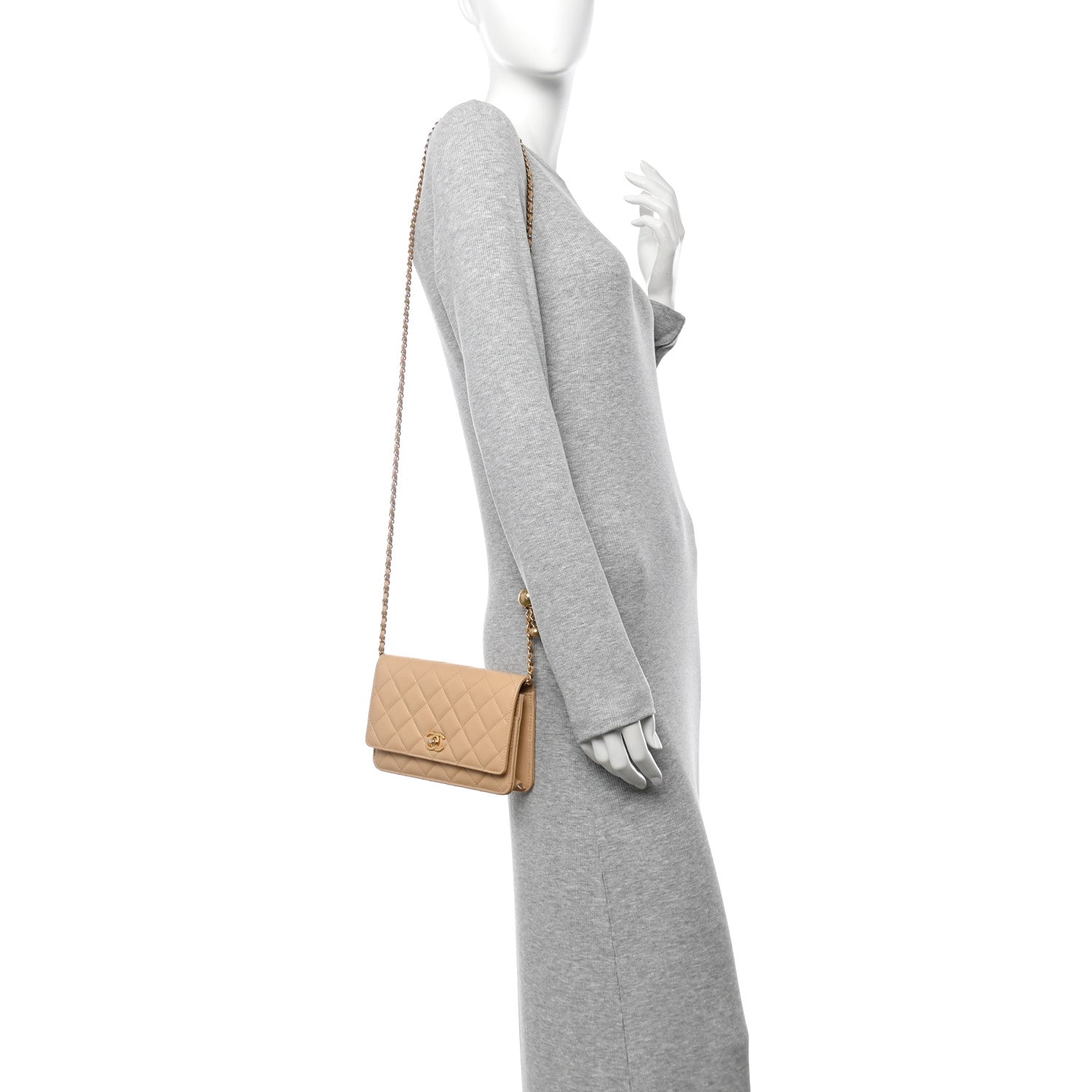 Lambskin Quilted CC Pearl Crush Wallet on Chain WOC Light Beige