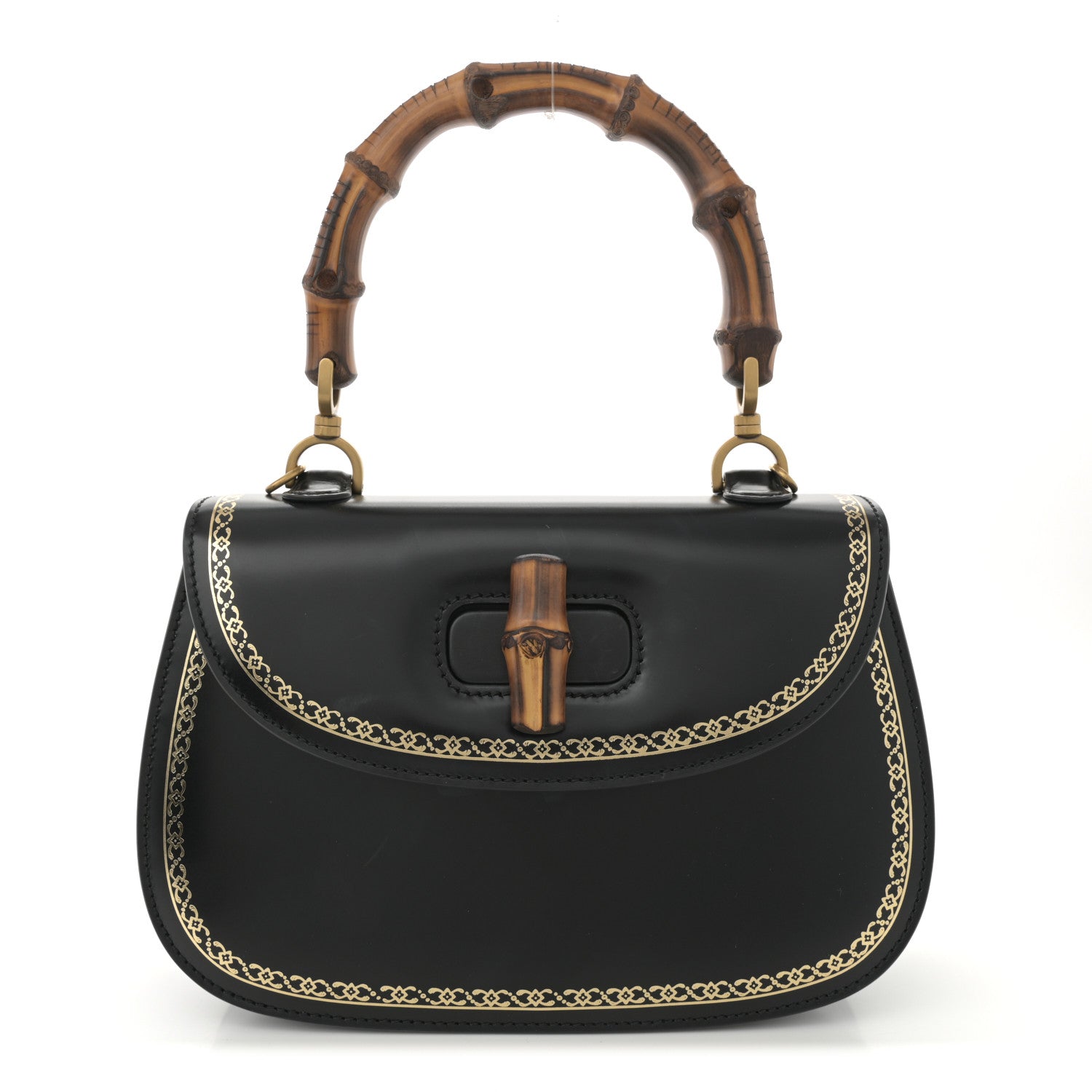 Calfskin Frame Print Bamboo Top Handle Bag Black