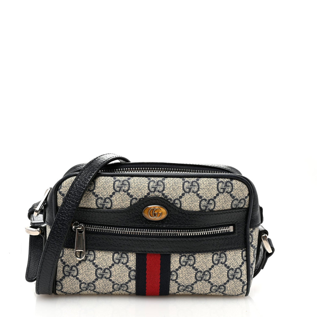 GG Supreme Monogram Textured Dollar Calfskin Web Mini Ophidia Shoulder Bag Beige Blue