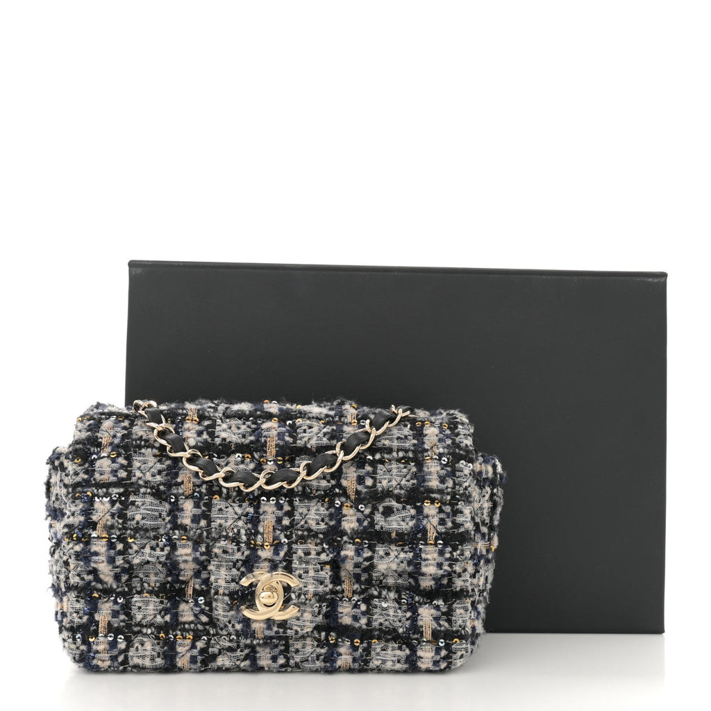 Glittered Tweed Quilted Mini Rectangular Flap Navy Blue
