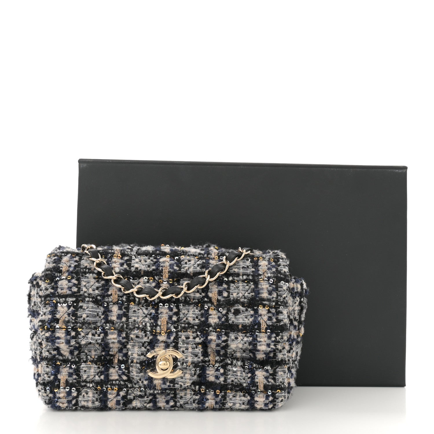 Glittered Tweed Quilted Mini Rectangular Flap Navy Blue