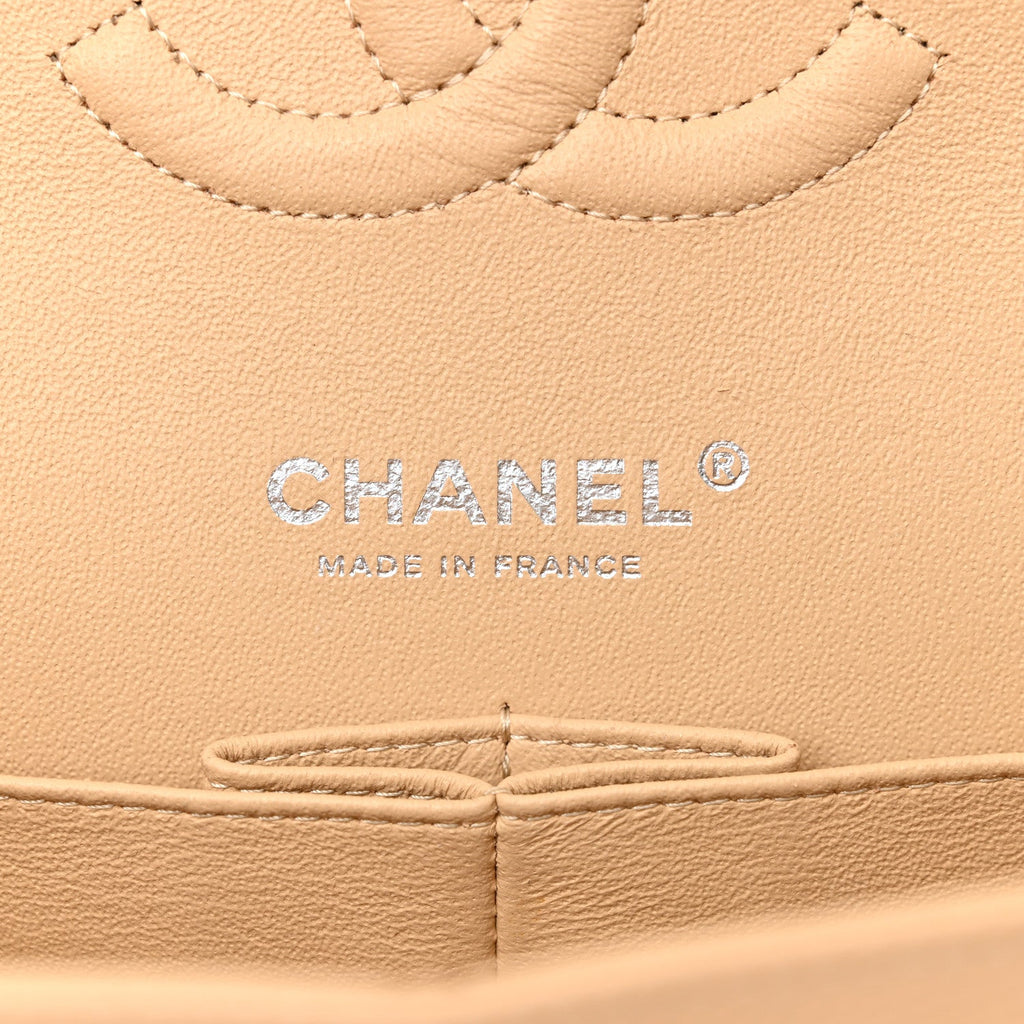 Caviar Quilted Medium Double Flap Beige