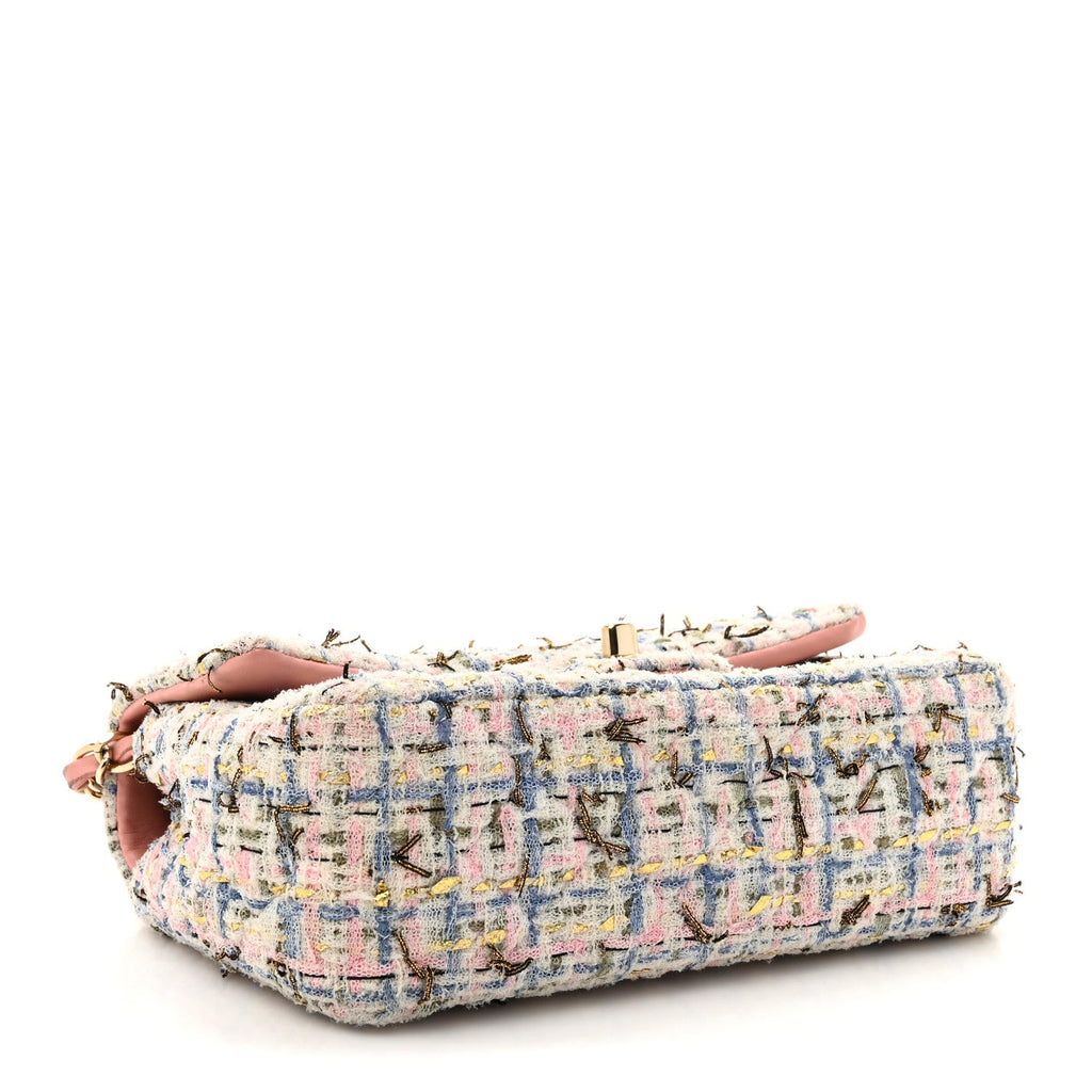 Tweed Quilted Mini Rectangular Flap Light Blue Pink Gold White