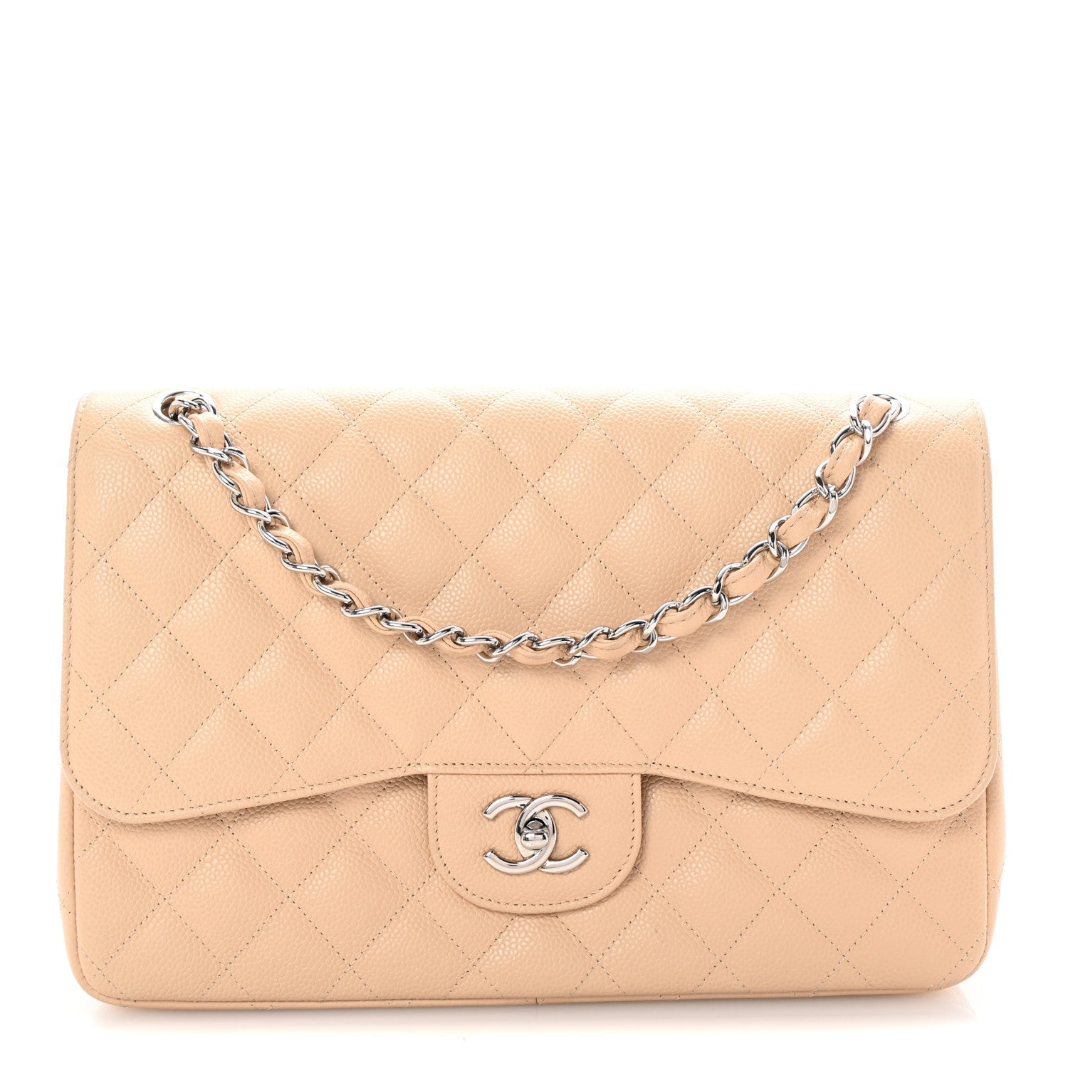 Caviar Quilted Jumbo Double Flap Light Beige
