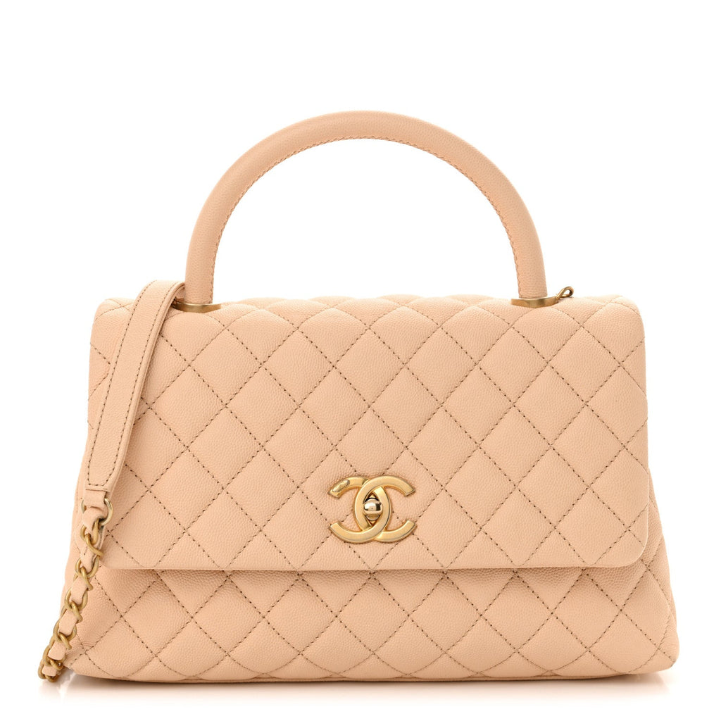 Caviar Quilted Small Coco Handle Flap Beige