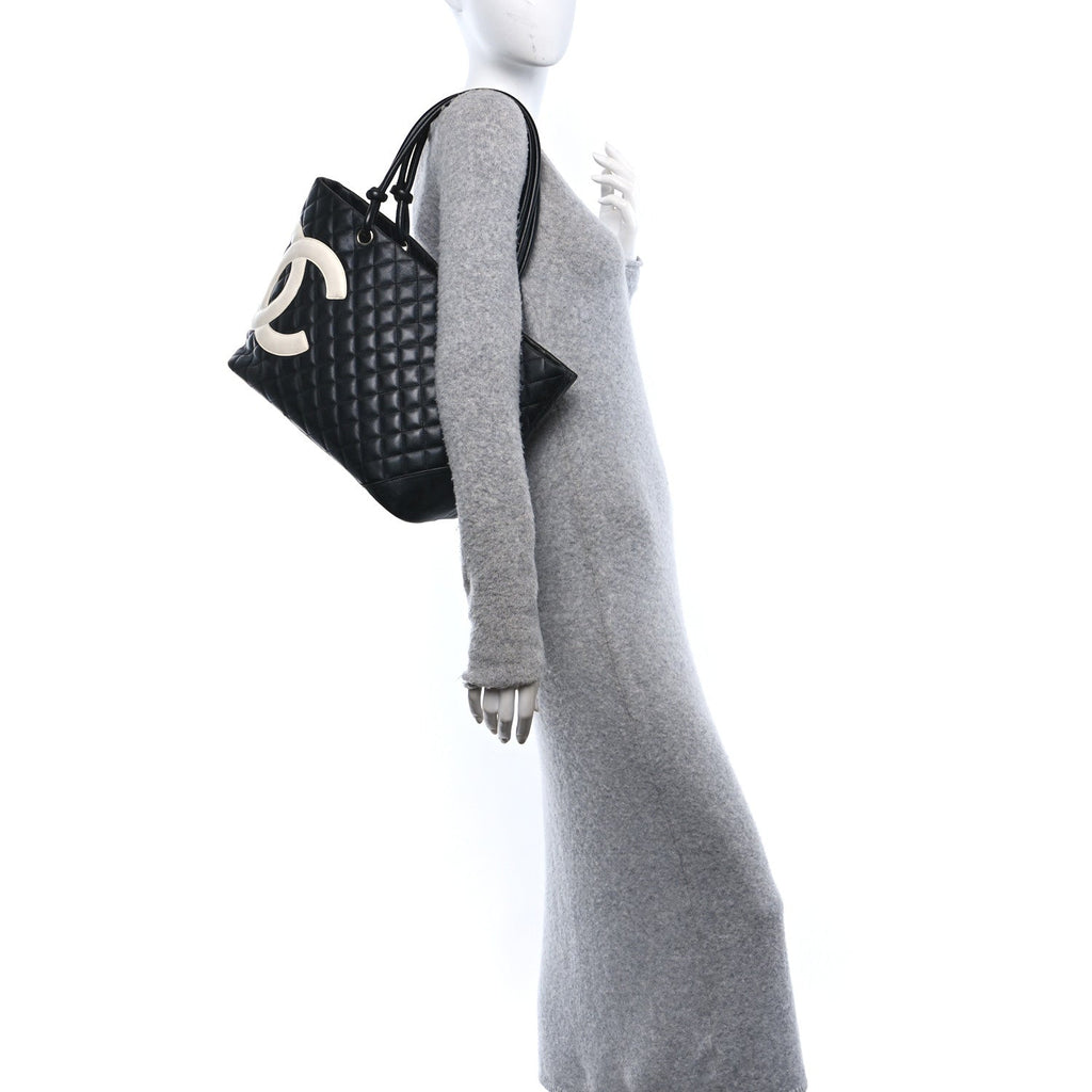 Calfskin Quilted Large Cambon Tote Black White