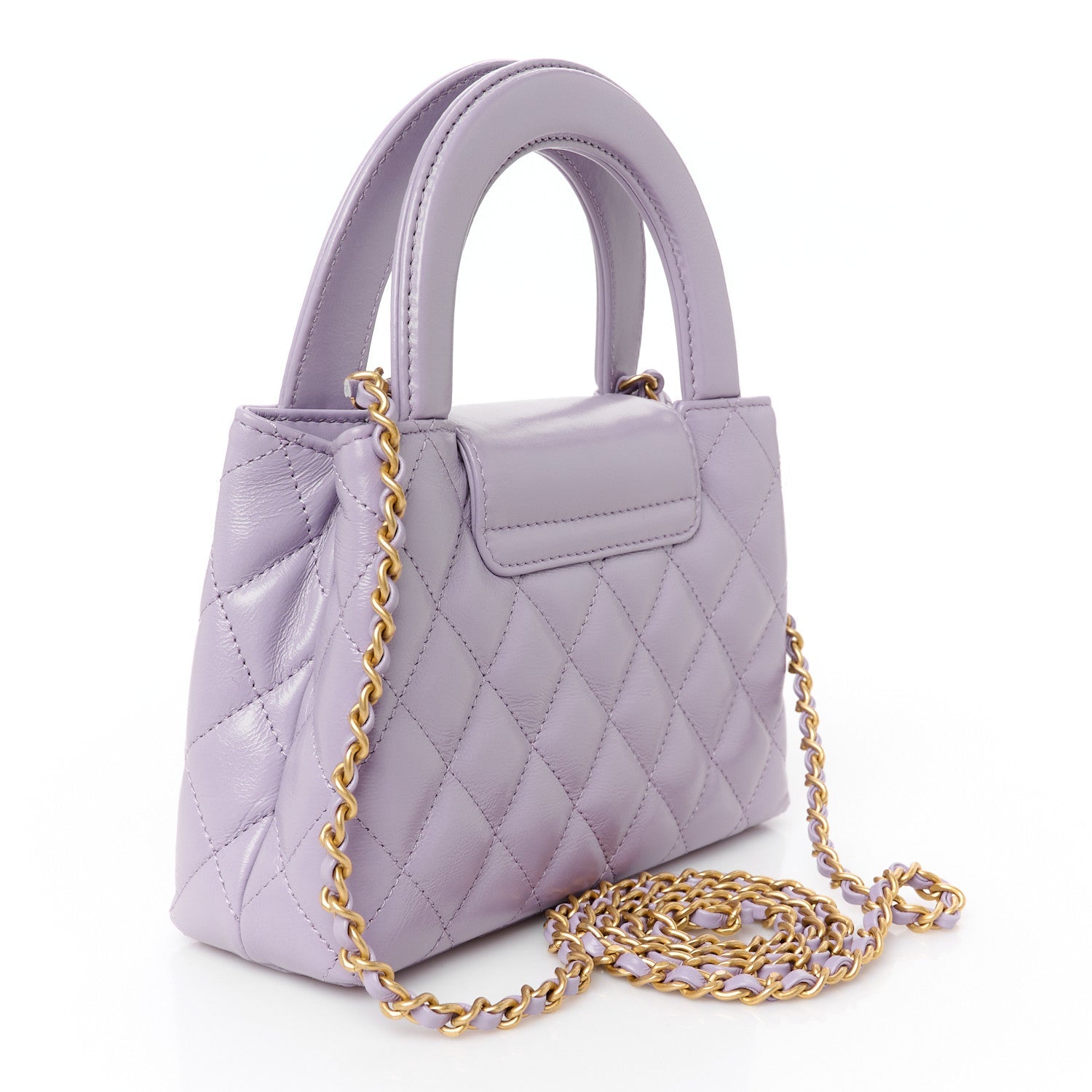 Shiny Aged Calfskin Quilted Nano Kelly Shopper Lilac