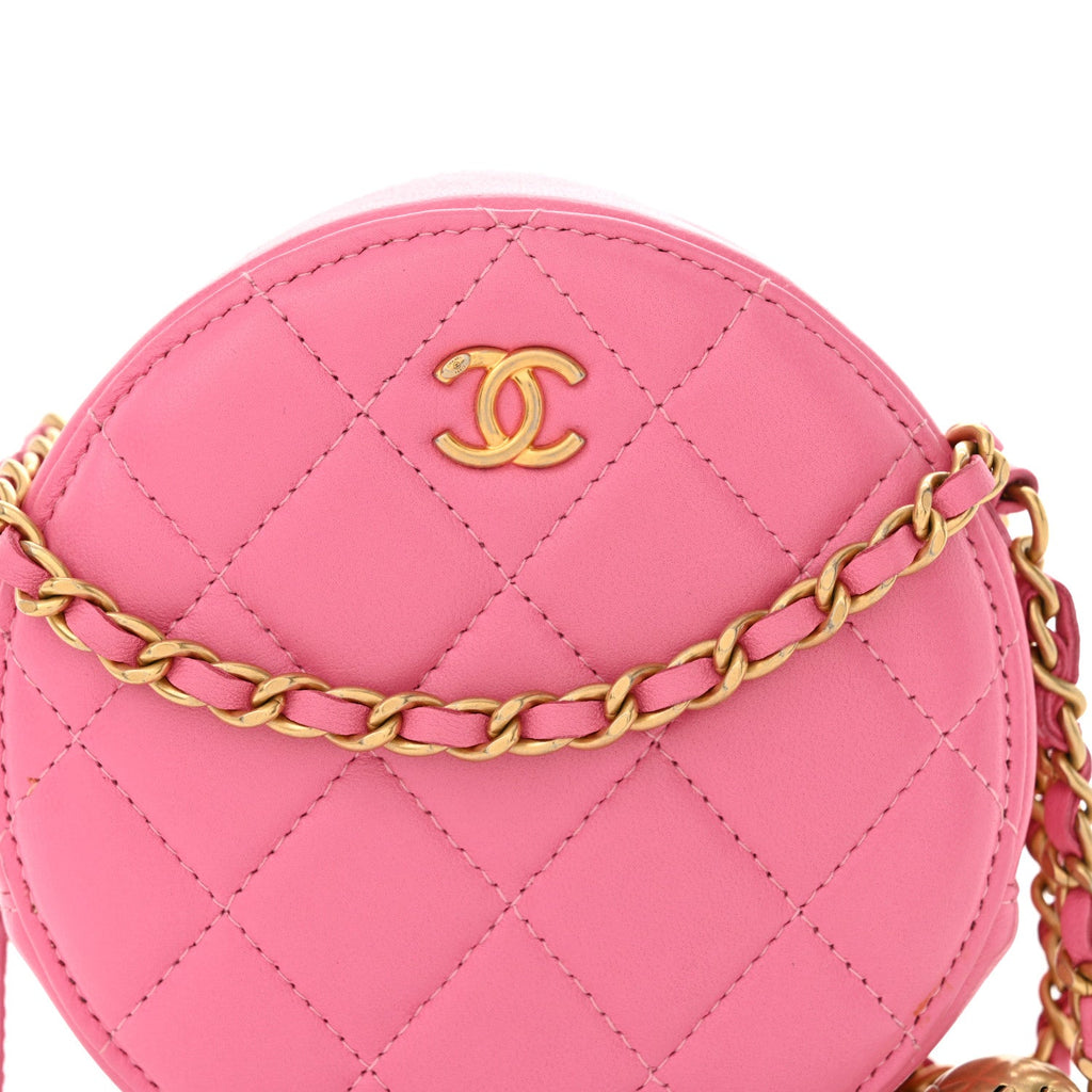 Lambskin Quilted Round Pearl Crush Clutch With Chain Pink