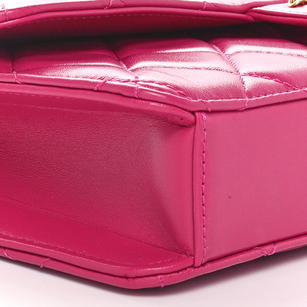 Shiny Lambskin Quilted Flap Clutch Bag Dark Pink