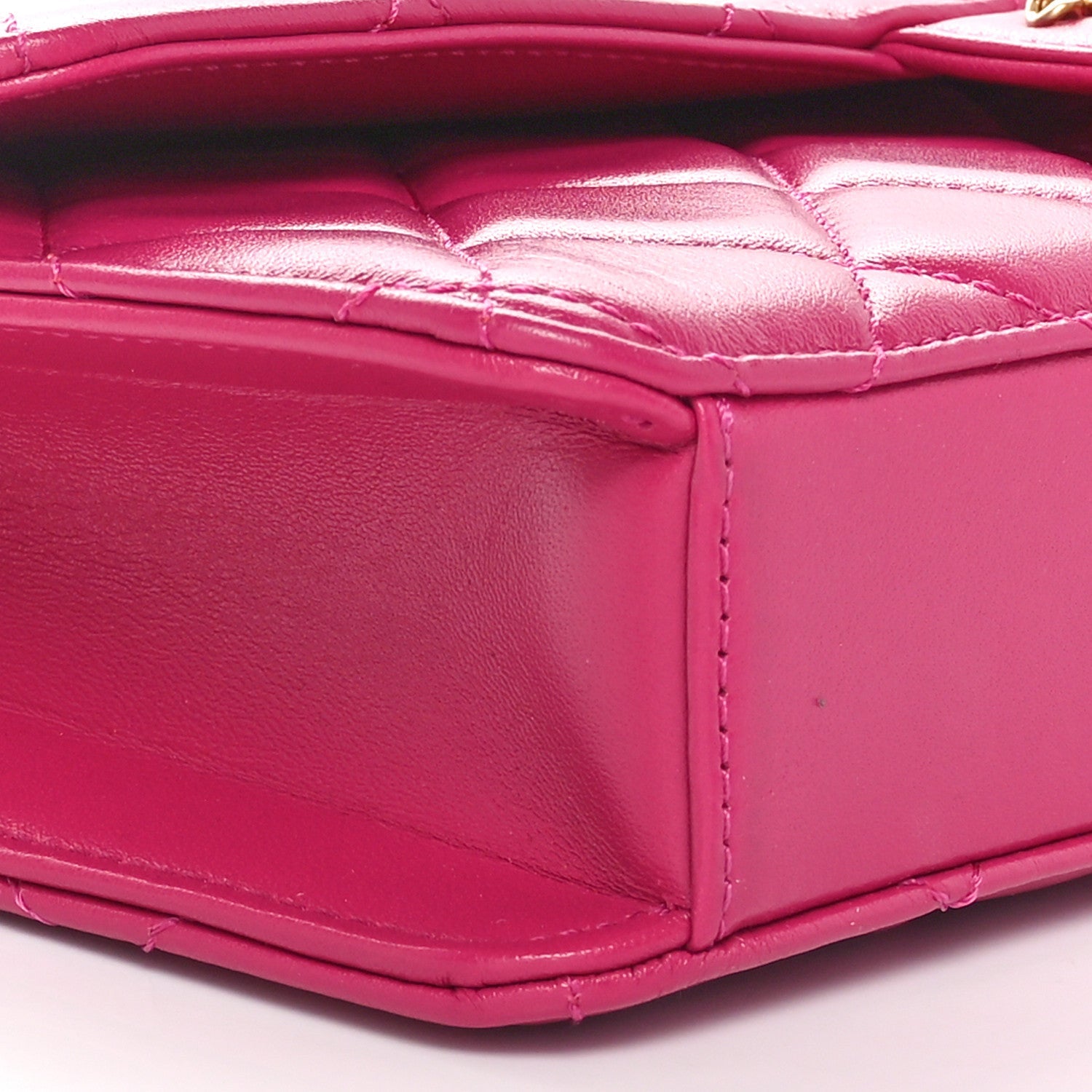 Shiny Lambskin Quilted Flap Clutch Bag Dark Pink