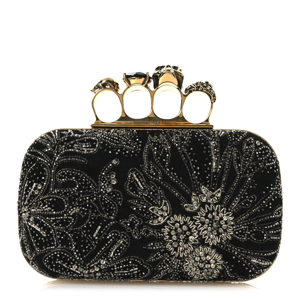 Suede Embroidered Knuckle Box Clutch Black