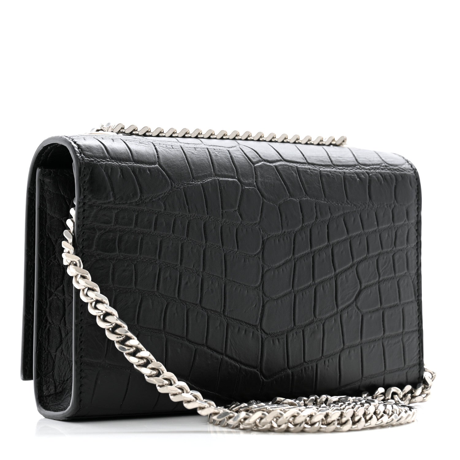 Calfskin Crocodile Embossed Small Classic Monogram Kate Tassel Satchel Black