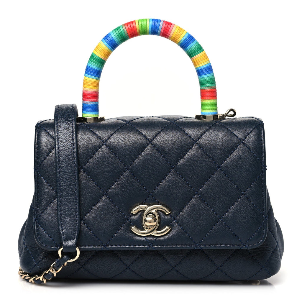 Goatskin Quilted Extra Mini Rainbow Coco Handle Flap Navy Blue
