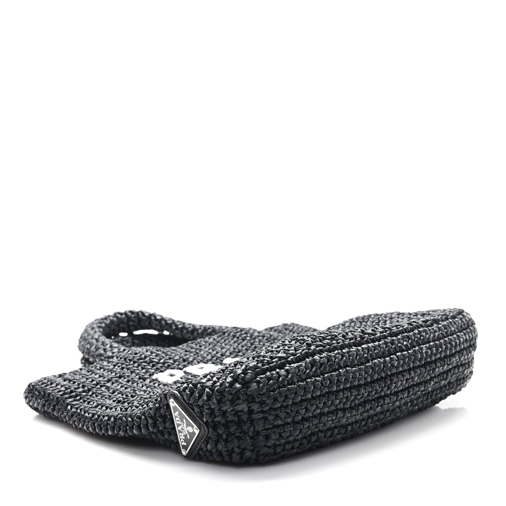 Yarn Raffia Effect Crochet Small Logo Tote Black