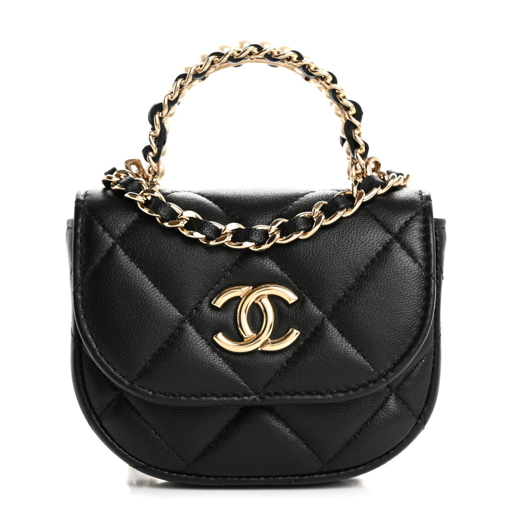 Lambskin Quilted Pearl Top Handle Clutch With Chain Black