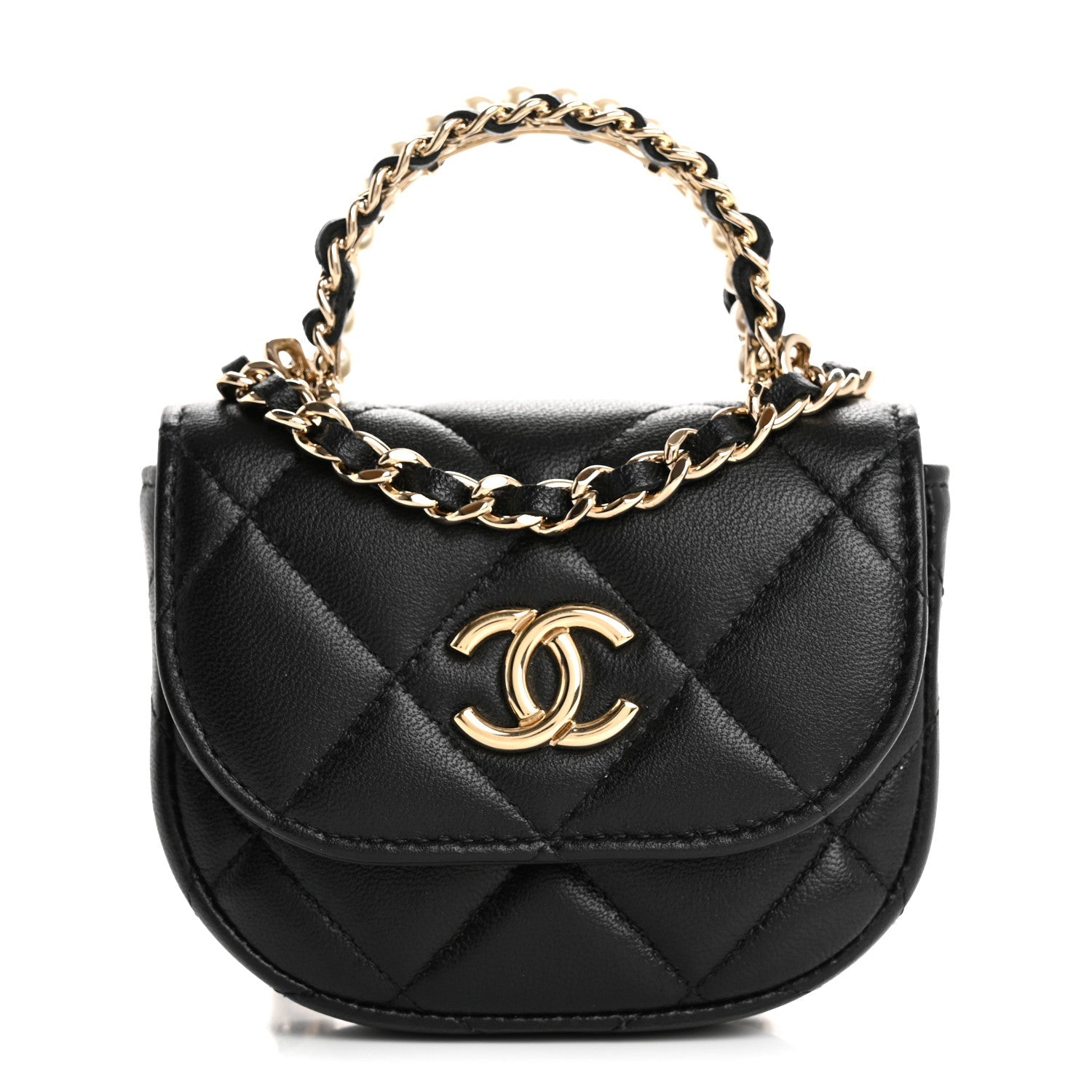 Lambskin Quilted Pearl Top Handle Clutch With Chain Black