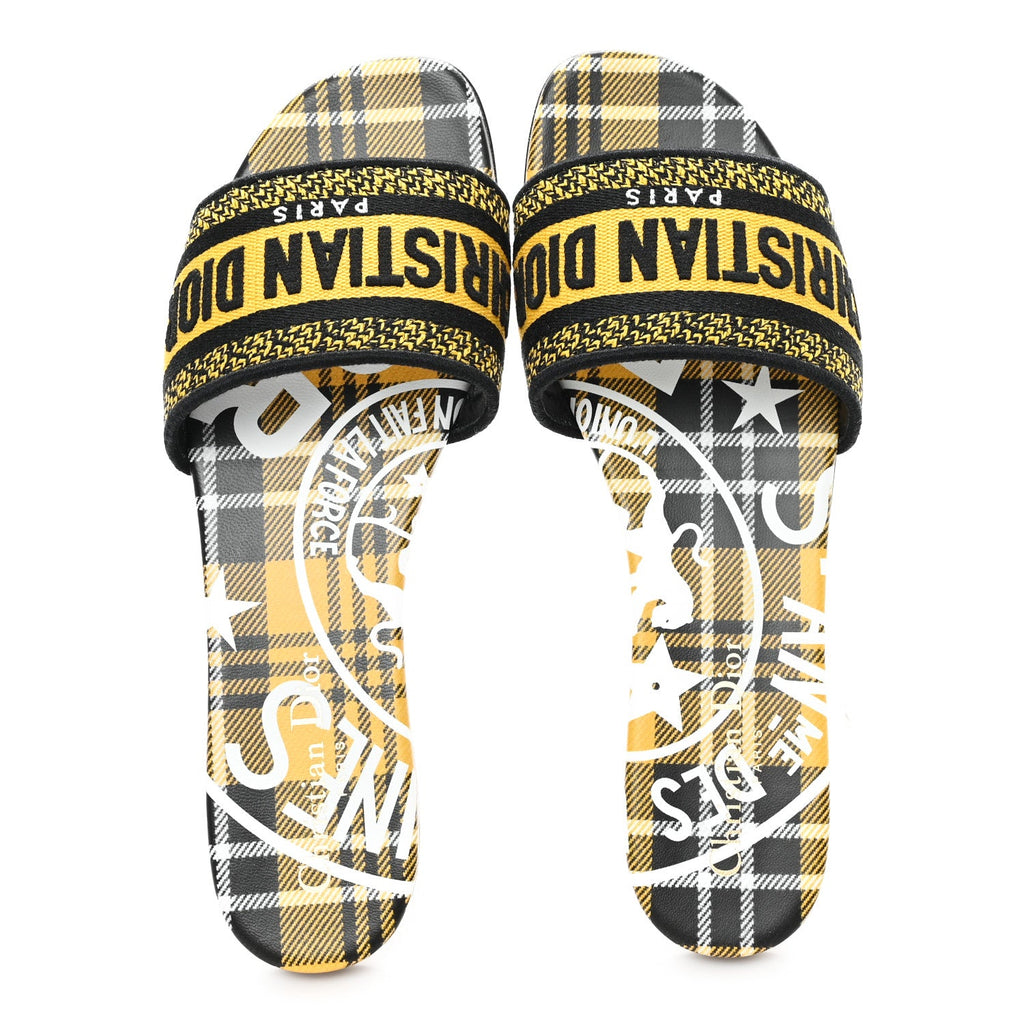 Canvas Union Check Embroidered Dway Flat Slide Sandals 38.5 Black Yellow