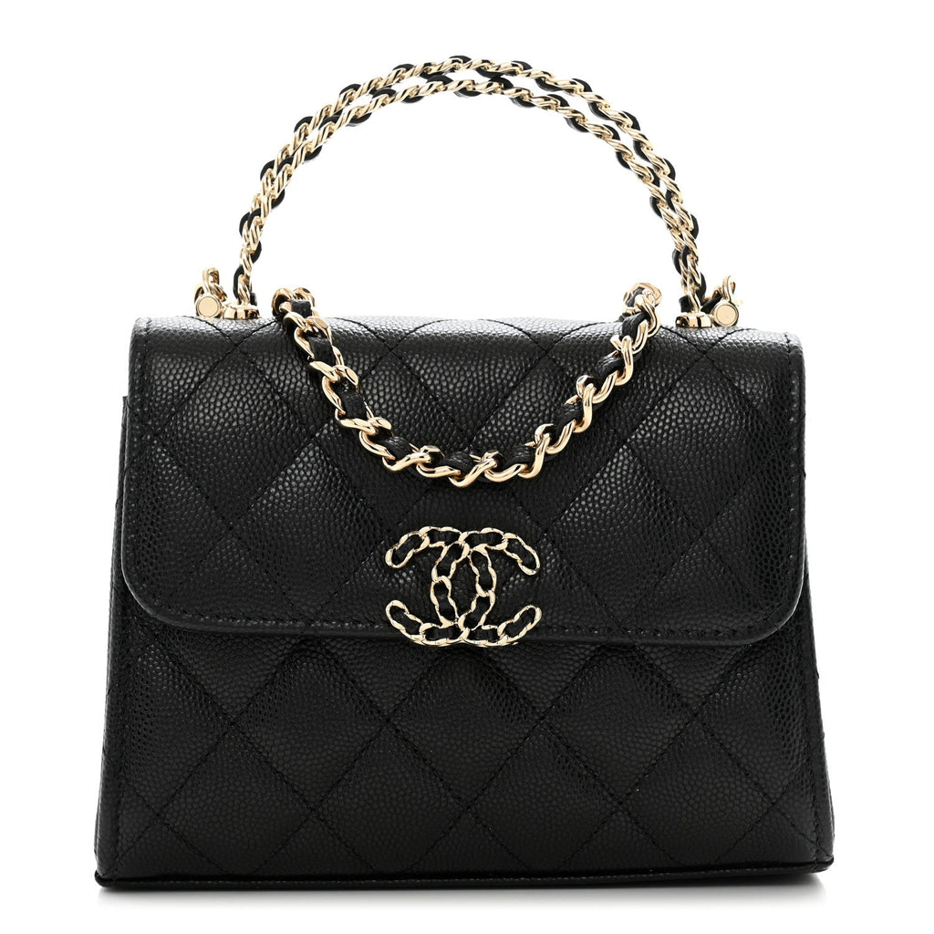 Caviar Quilted Double Chain Top Handle Flap With Chain Black