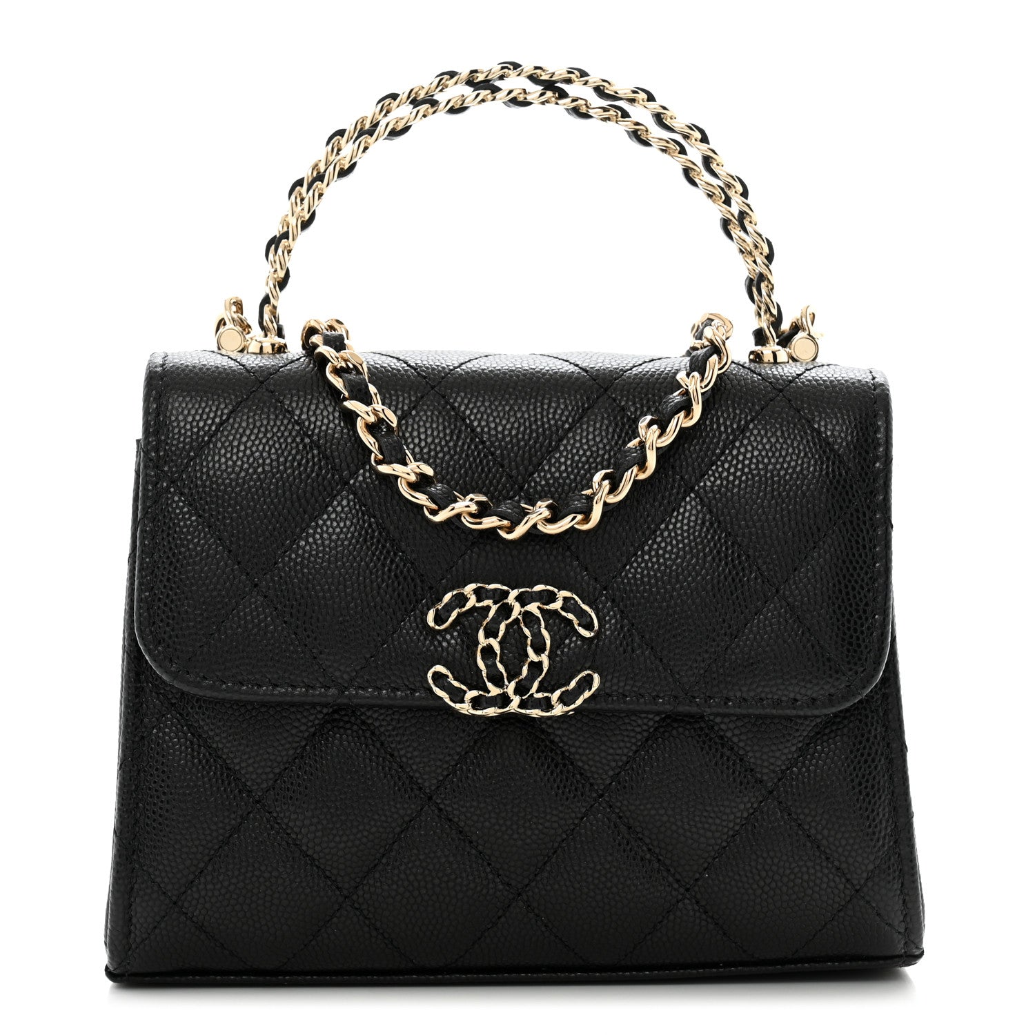 Caviar Quilted Double Chain Top Handle Flap With Chain Black