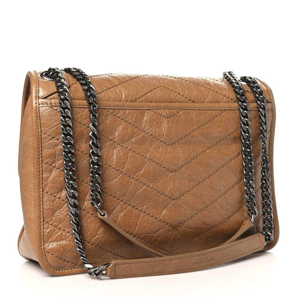 Crinkled Calfskin Matelasse Monogram Medium Niki Chain Satchel Natural Tan