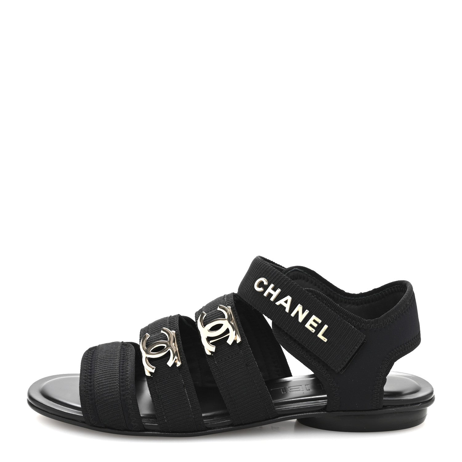 Fabric Metal CC Logo Flat Sandals 36.5 Black