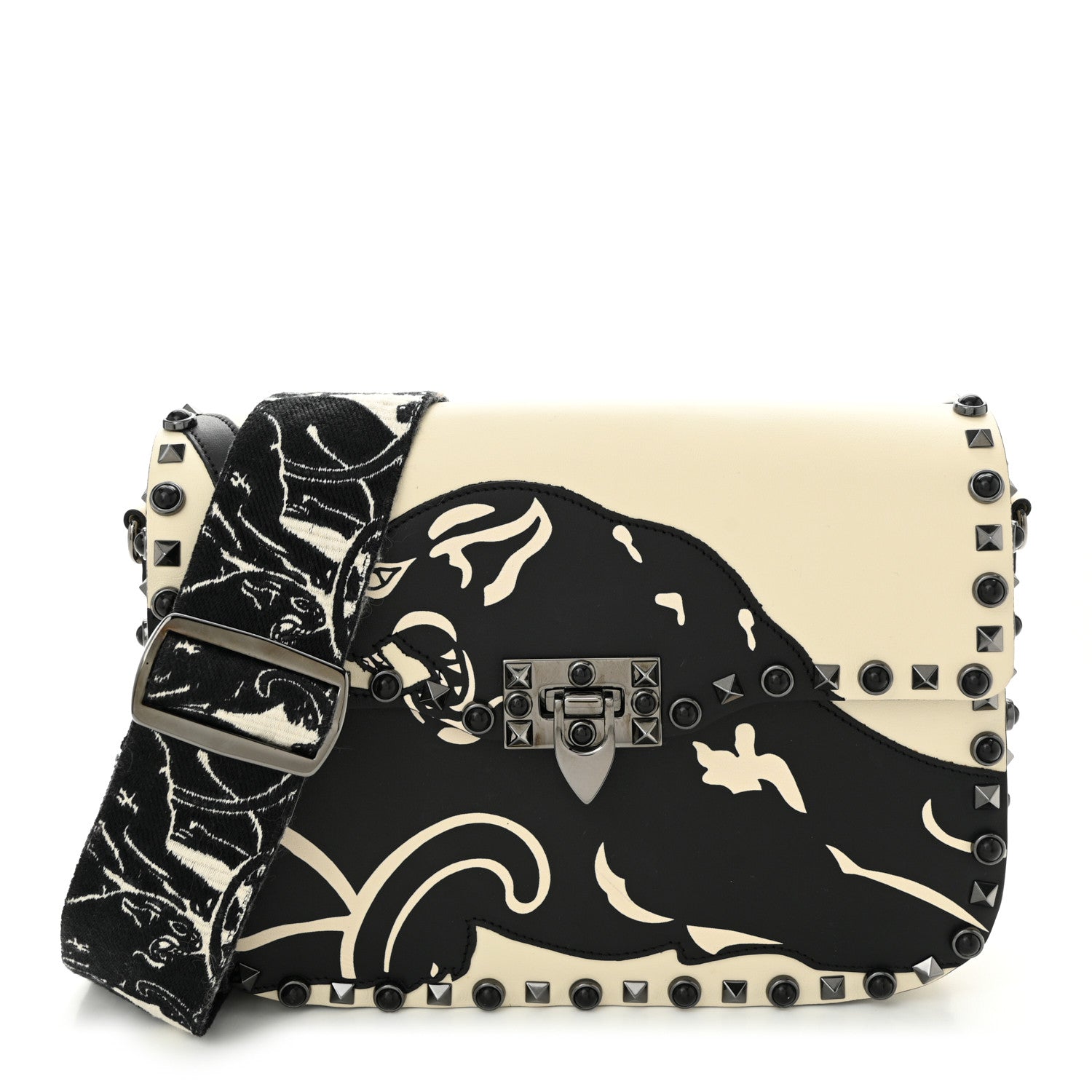 Calfskin Panther Medium Guitar Strap Rockstud Rolling Flap Saddle Bag Light Ivory Black