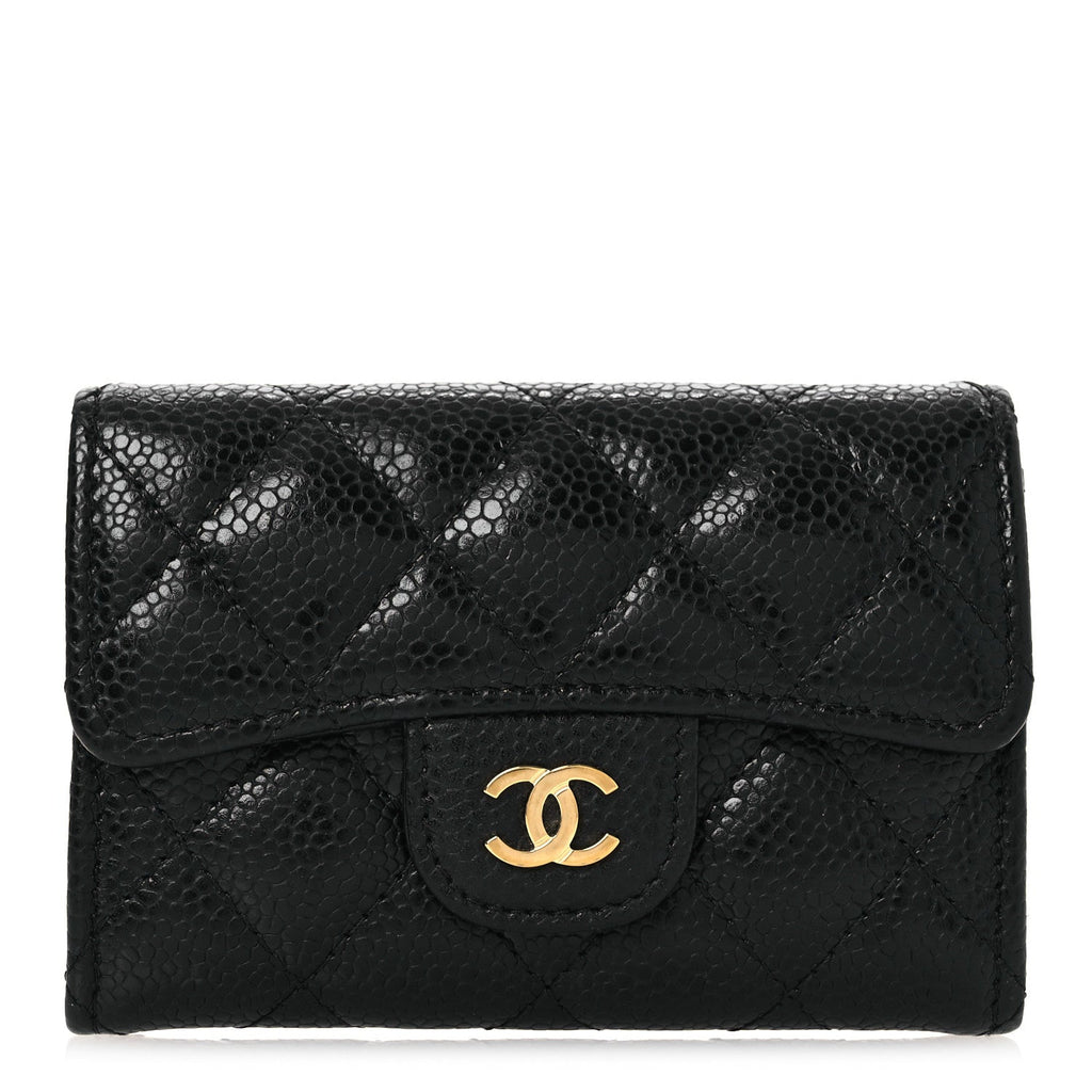 Caviar Quilted Flap  Holder Wallet Black