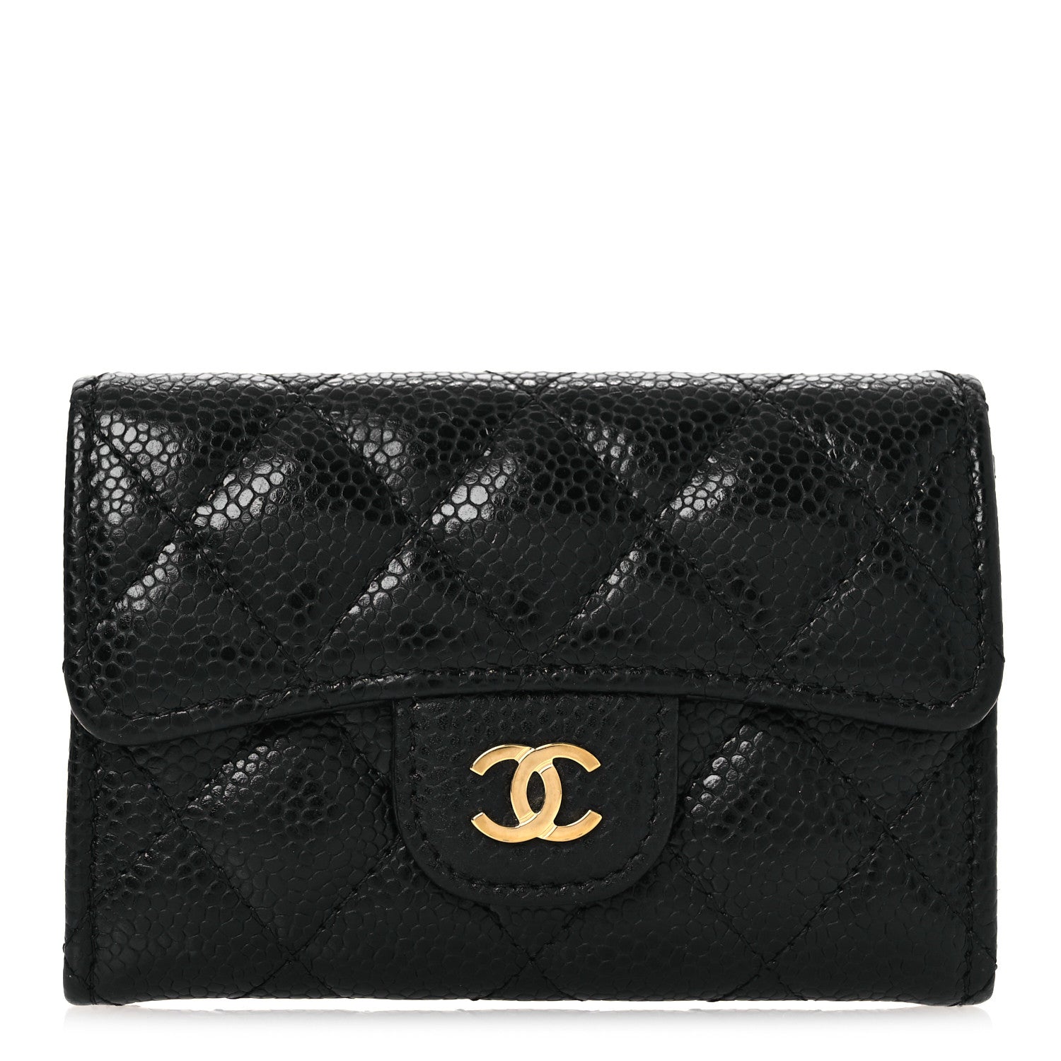 Caviar Quilted Flap  Holder Wallet Black