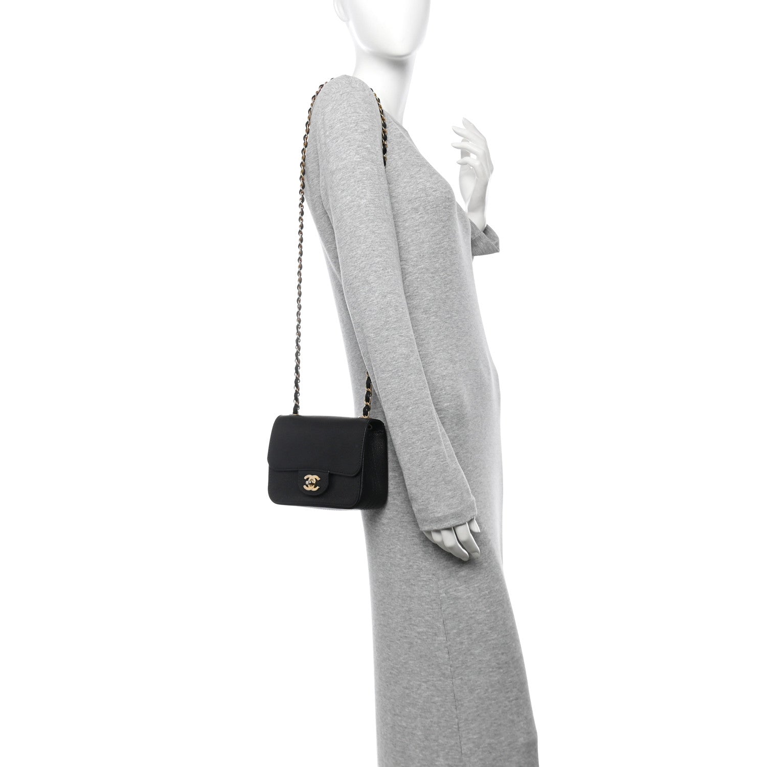 Grained Calfskin Mini Square Classic Pure Flap Black