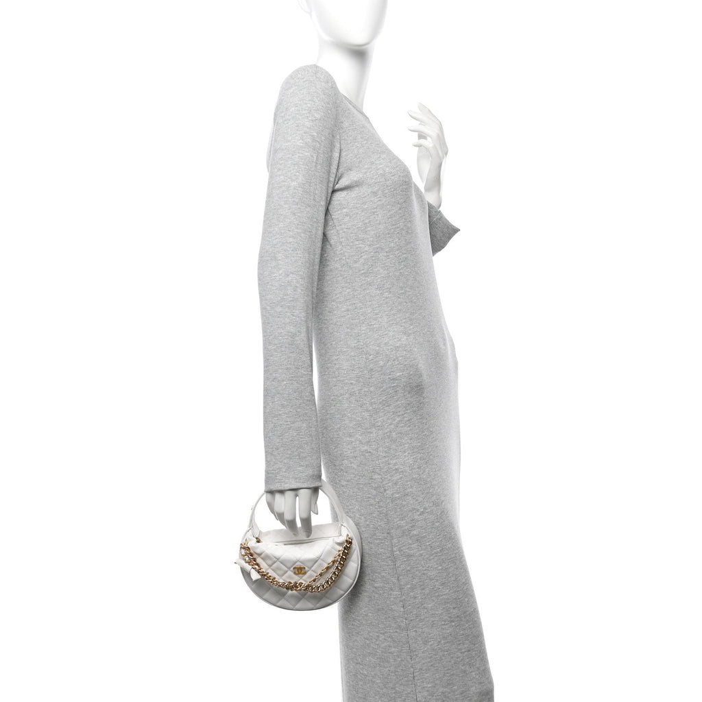 Shiny Caviar Quilted Bow Pouch Hobo White
