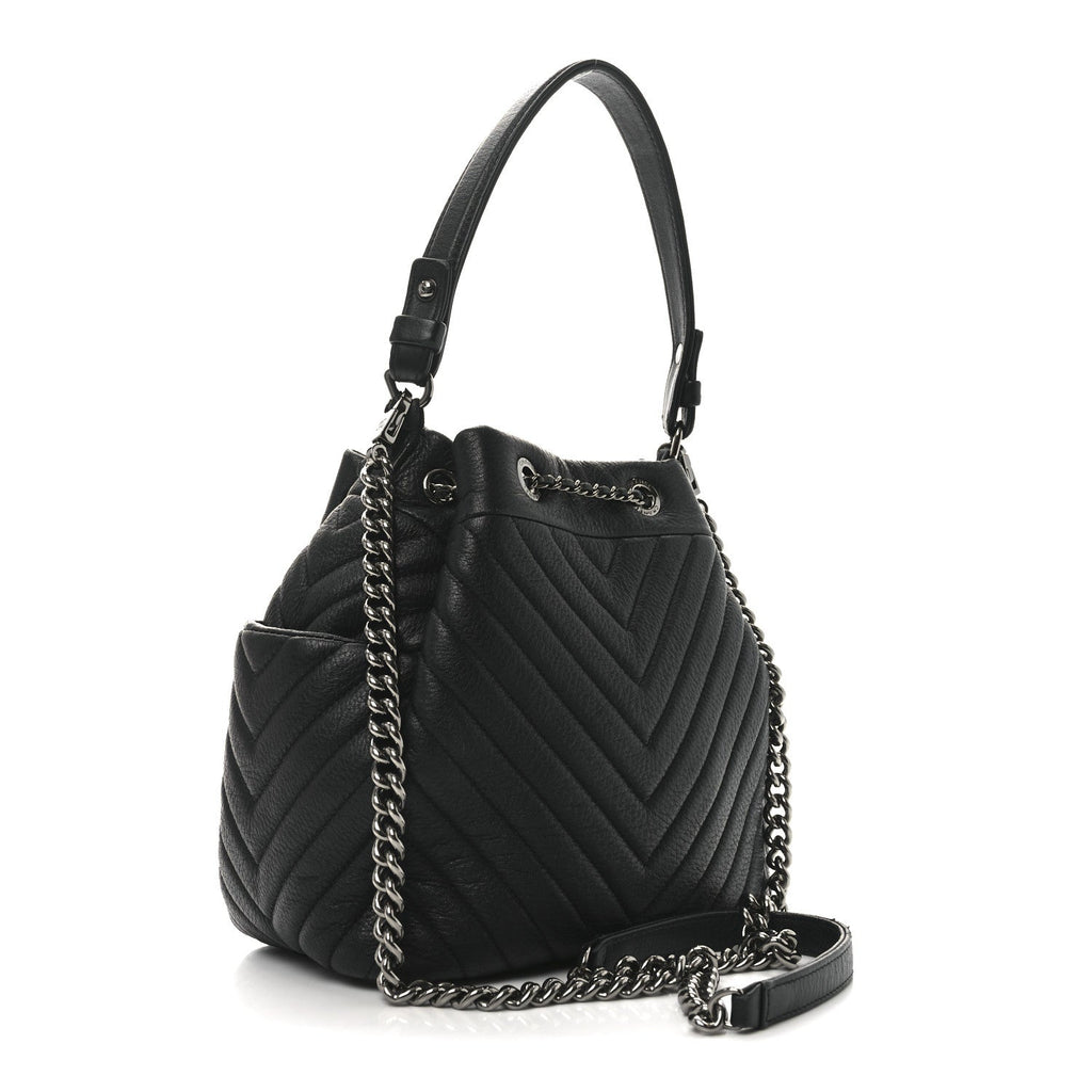 Deerskin Chevron Small CC Chain Bucket Bag Black