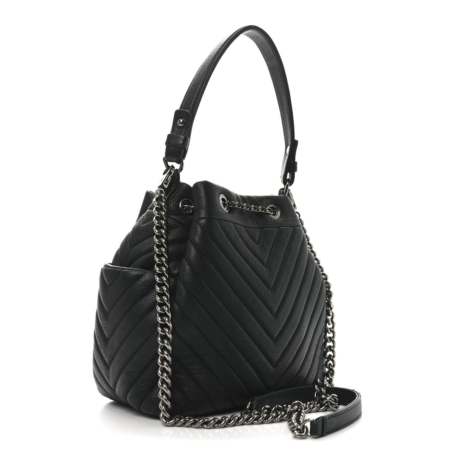 Deerskin Chevron Small CC Chain Bucket Bag Black