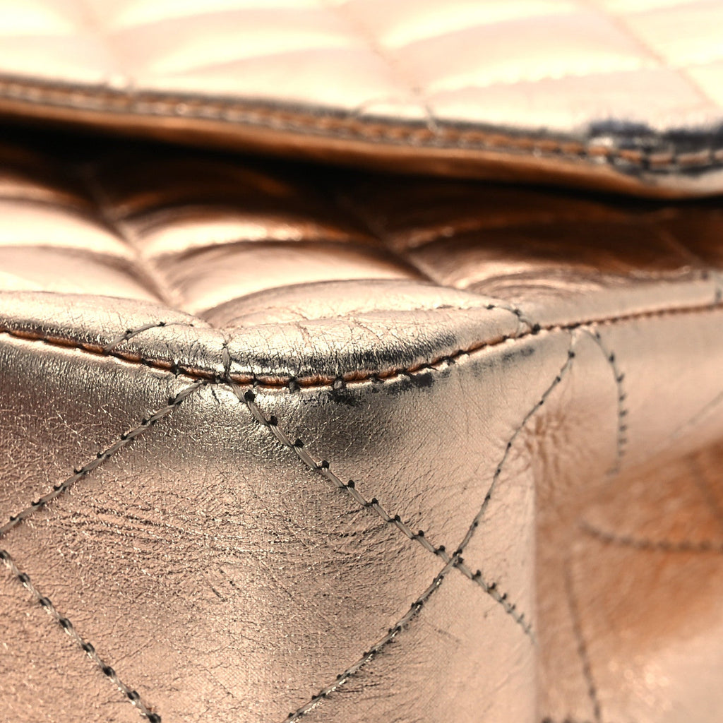 Metallic Aged Calfskin Quilted Medium Double Flap Gold