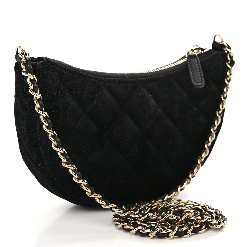 Velvet Crystal Quilted Chain Hobo Black