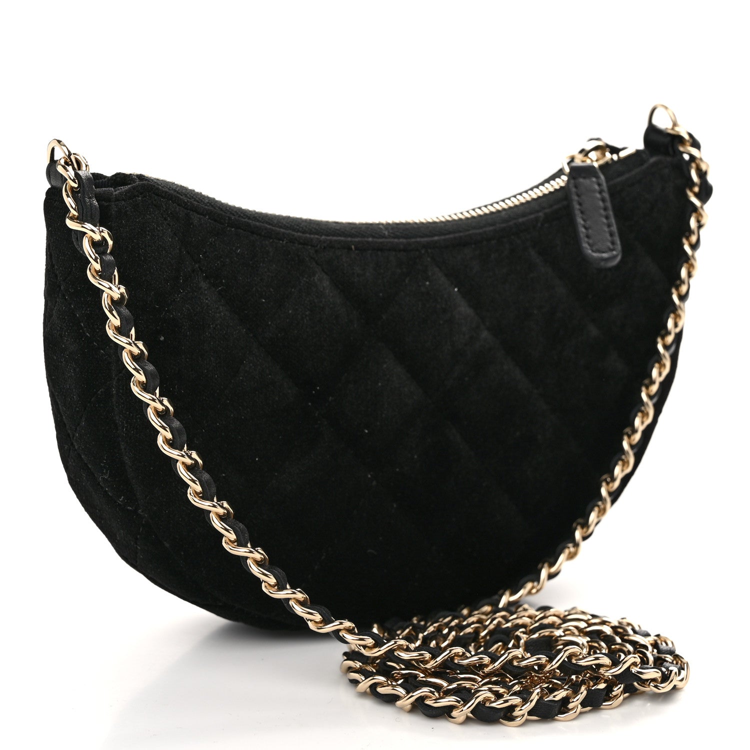 Velvet Crystal Quilted Chain Hobo Black