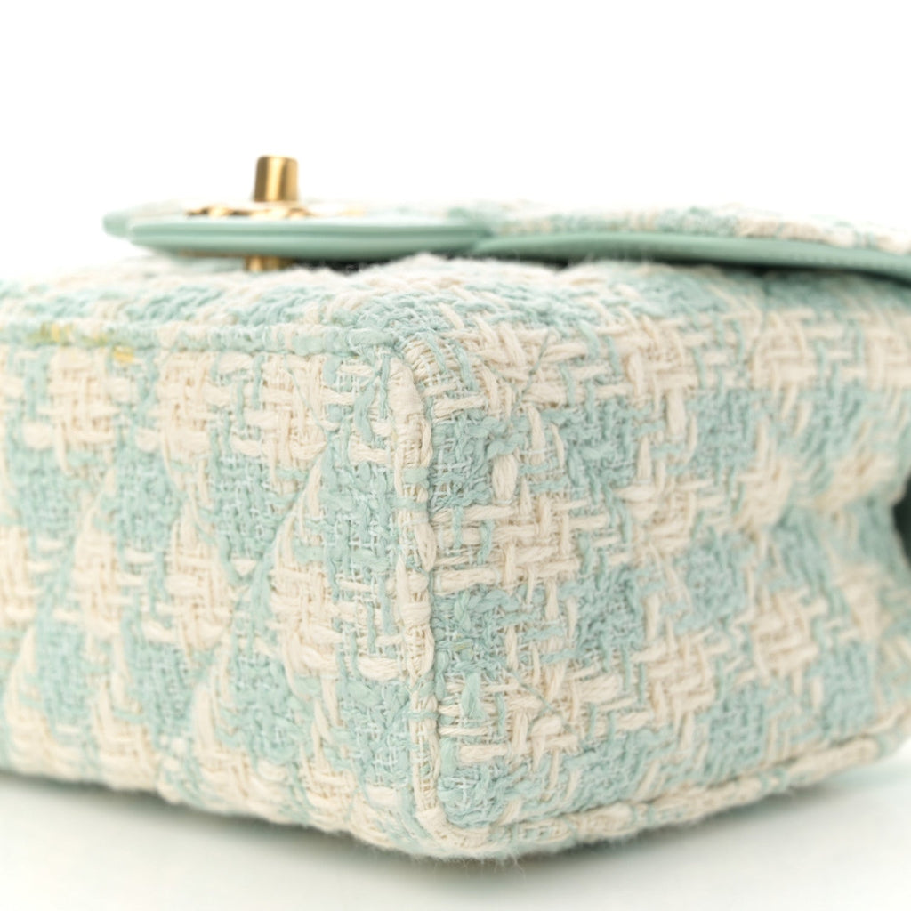 Tweed Handle Crush Top Handle Flap Bag Light Blue Ecru