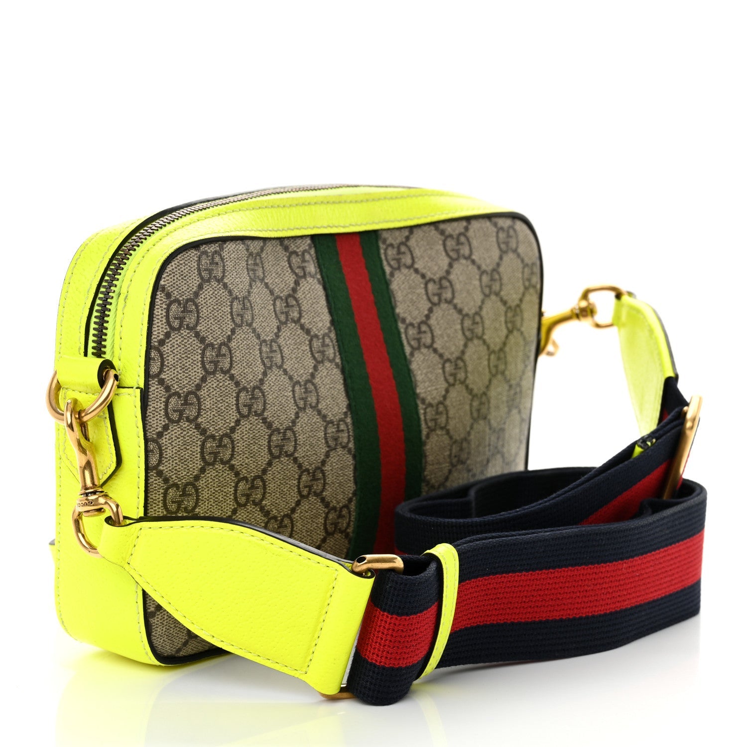 GG Supreme Monogram Textured Dollar Calfskin Web Ophidia Wristlet Shoulder Bag Beige Ebony Fluo Yellow