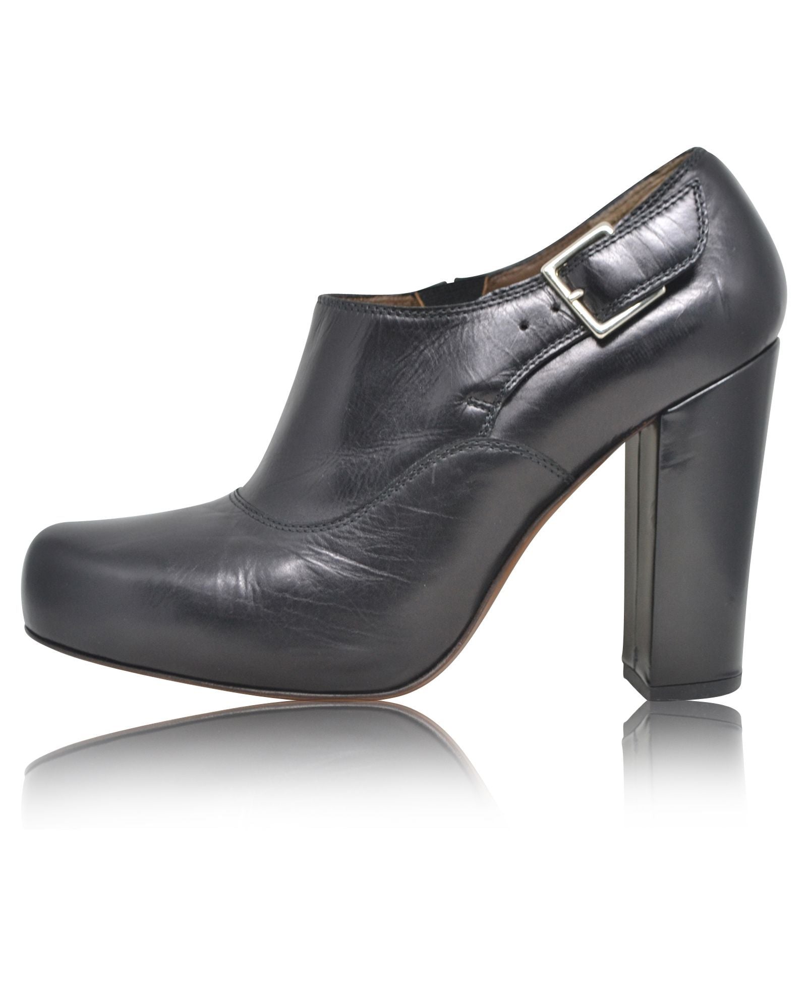 Black Buckled Low Cut Round-Toe Heel Booties