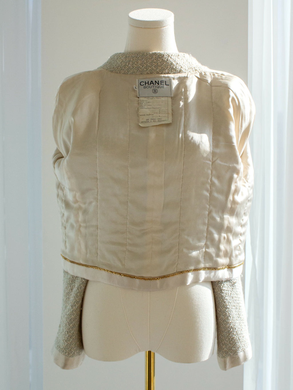 Chanel Vintage S/S1990 Seafood Green Cream Satin Bow Tweed Cropped Jacket