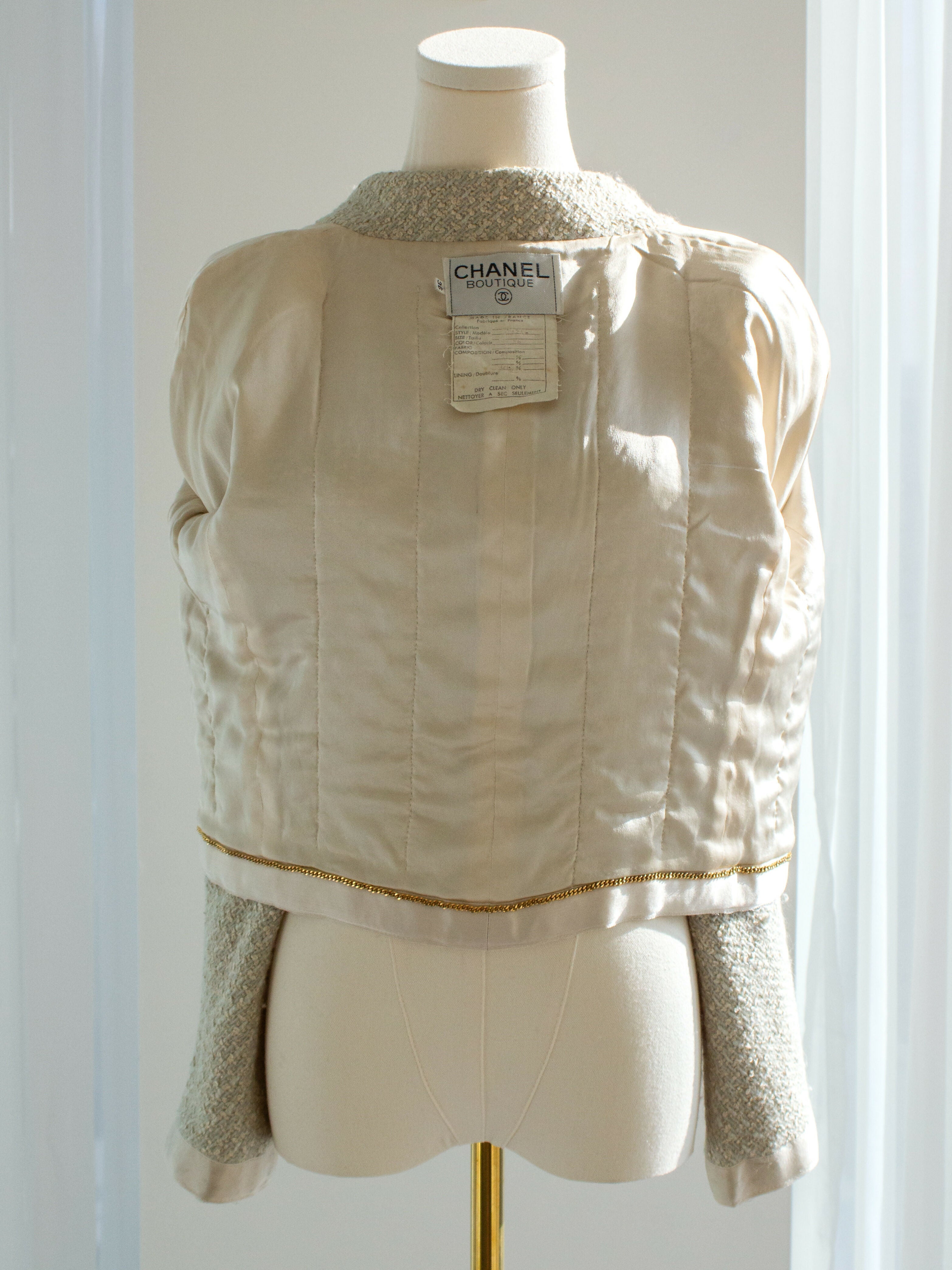 Chanel Vintage S/S1990 Seafood Green Cream Satin Bow Tweed Cropped Jacket