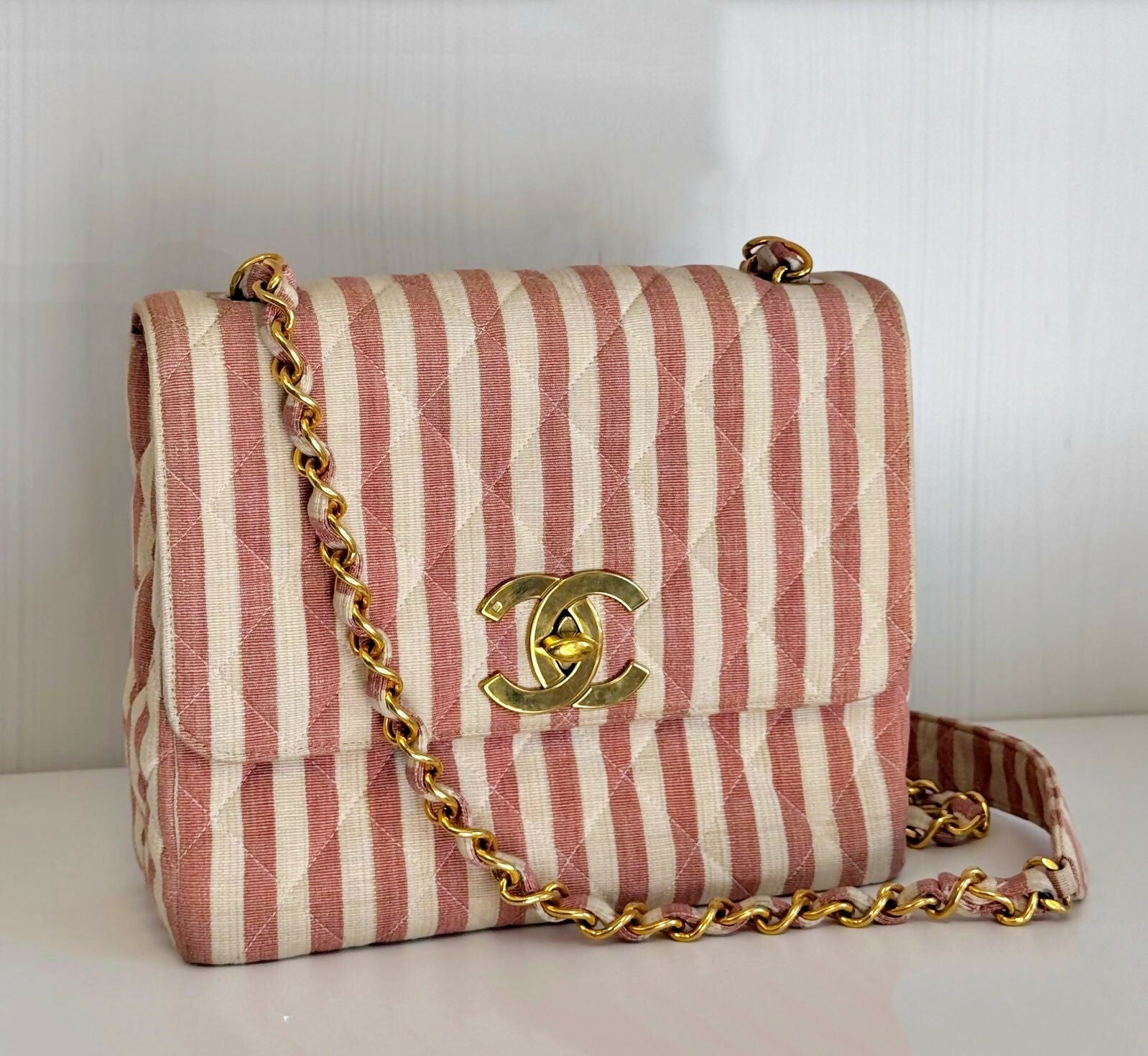 Chanel Vintage 1994-1996 White and Pink Striped Large Flap Bag