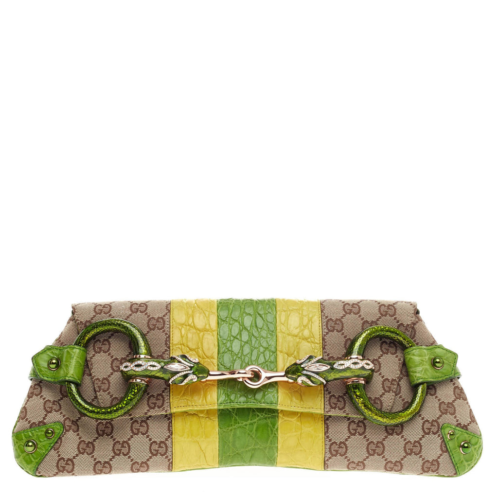 Jeweled Snake Head Horsebit Chain Strap Clutch GG Canvas and Alligator