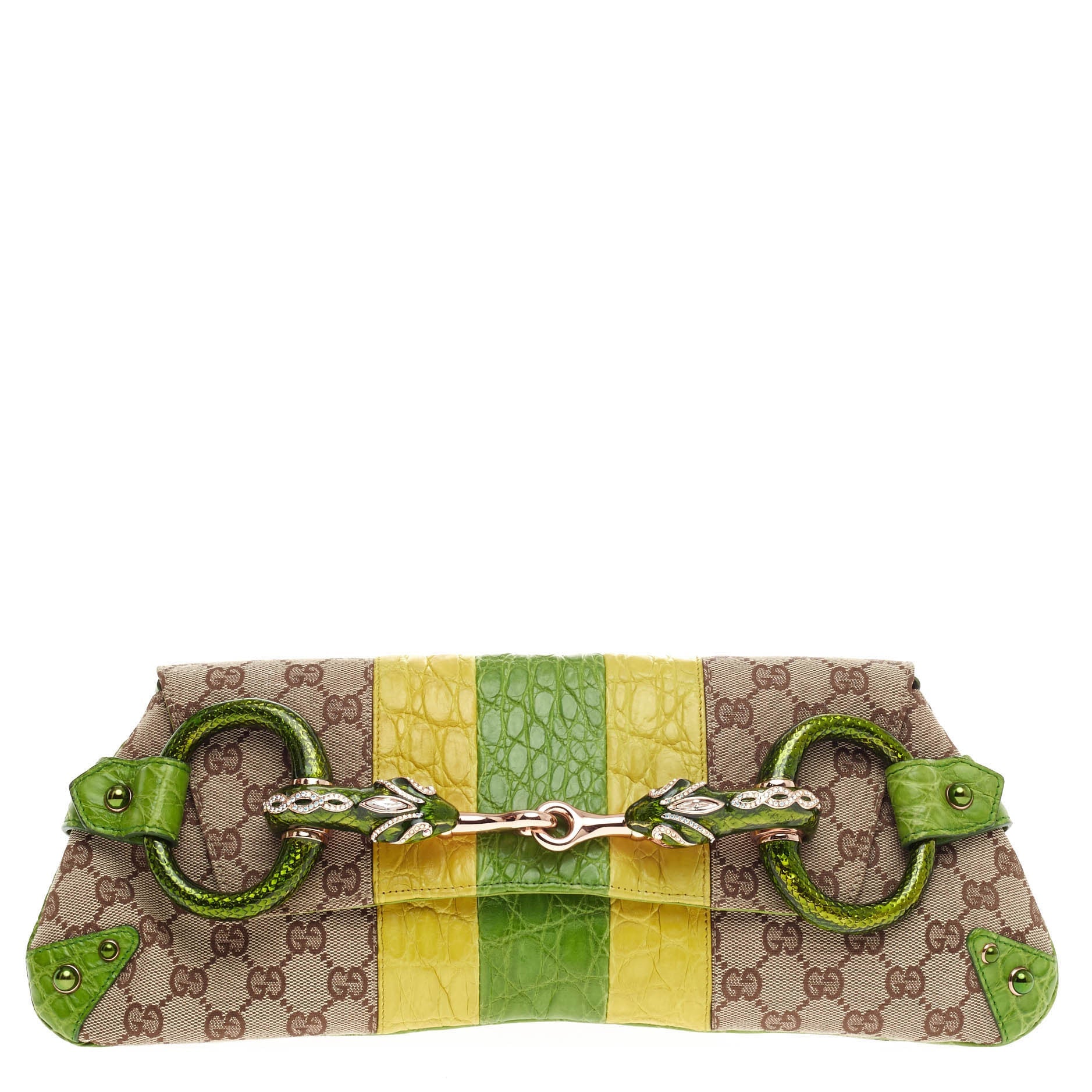 Jeweled Snake Head Horsebit Chain Strap Clutch GG Canvas and Alligator