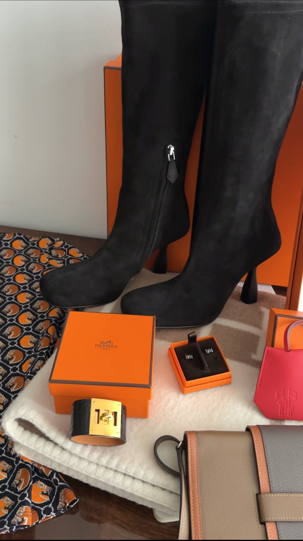 Hermes Black Suede High Heel Mid Halo Boot - 37