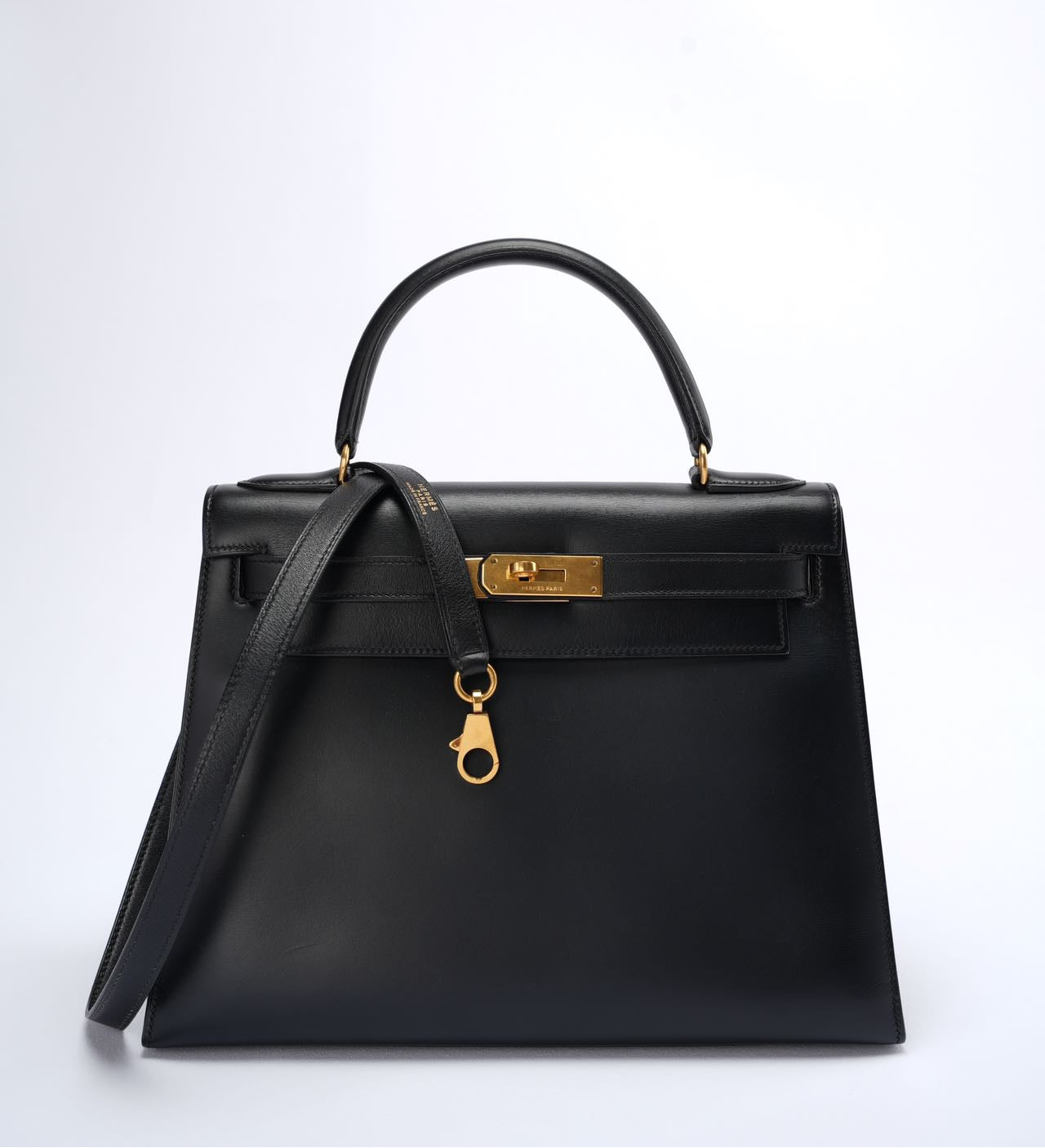 Hermes Vintage Kelly 28 Sellier Bag in Black Calf Box Leather With Gold Hardware