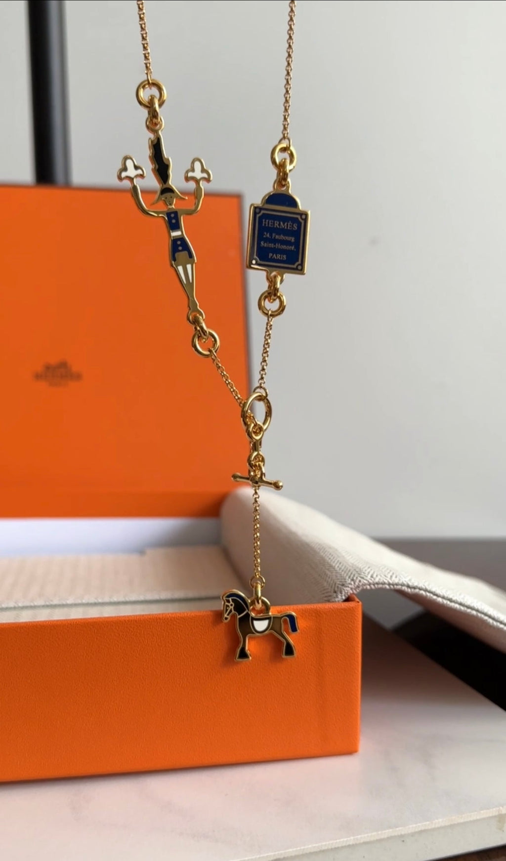Hermes Grande Parade Cheval Gold and Blue Enamel Necklace