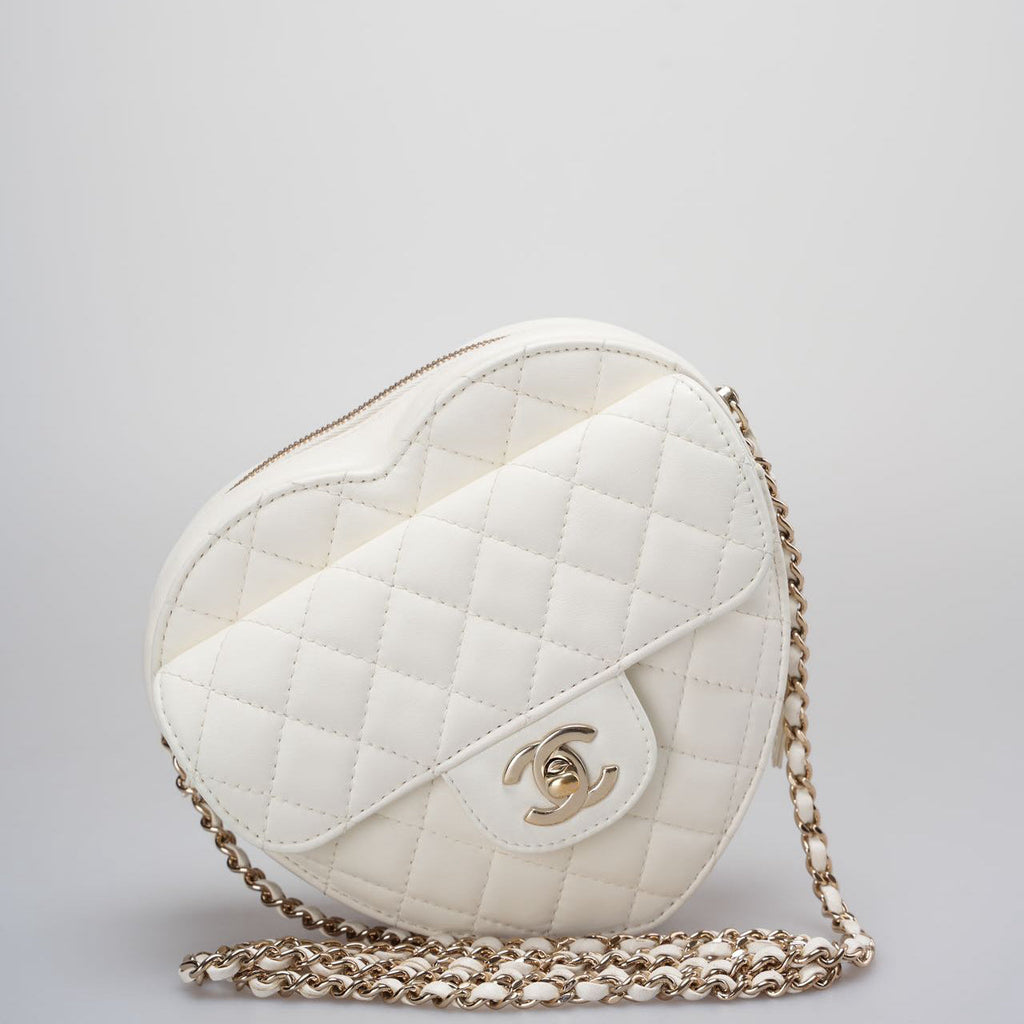 Chanel Big Heart Bag Lambskin Quilted CC In Love Clutch With Chain in White
